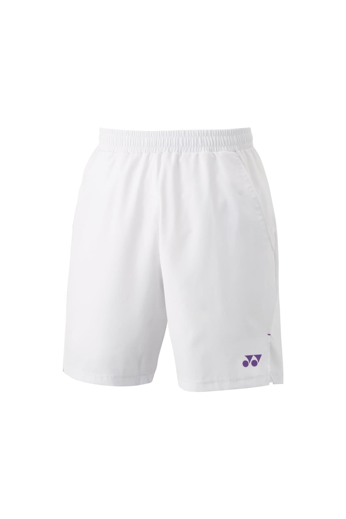 Introducing the Yonex 15164 Men's Tennis Shorts in white, designed with an elastic waistband and adorned with a purple logo on the lower left side. These athletic shorts feature convenient side pockets and utilize VeryCool technology to ensure comfort. They are presented against a plain white background.