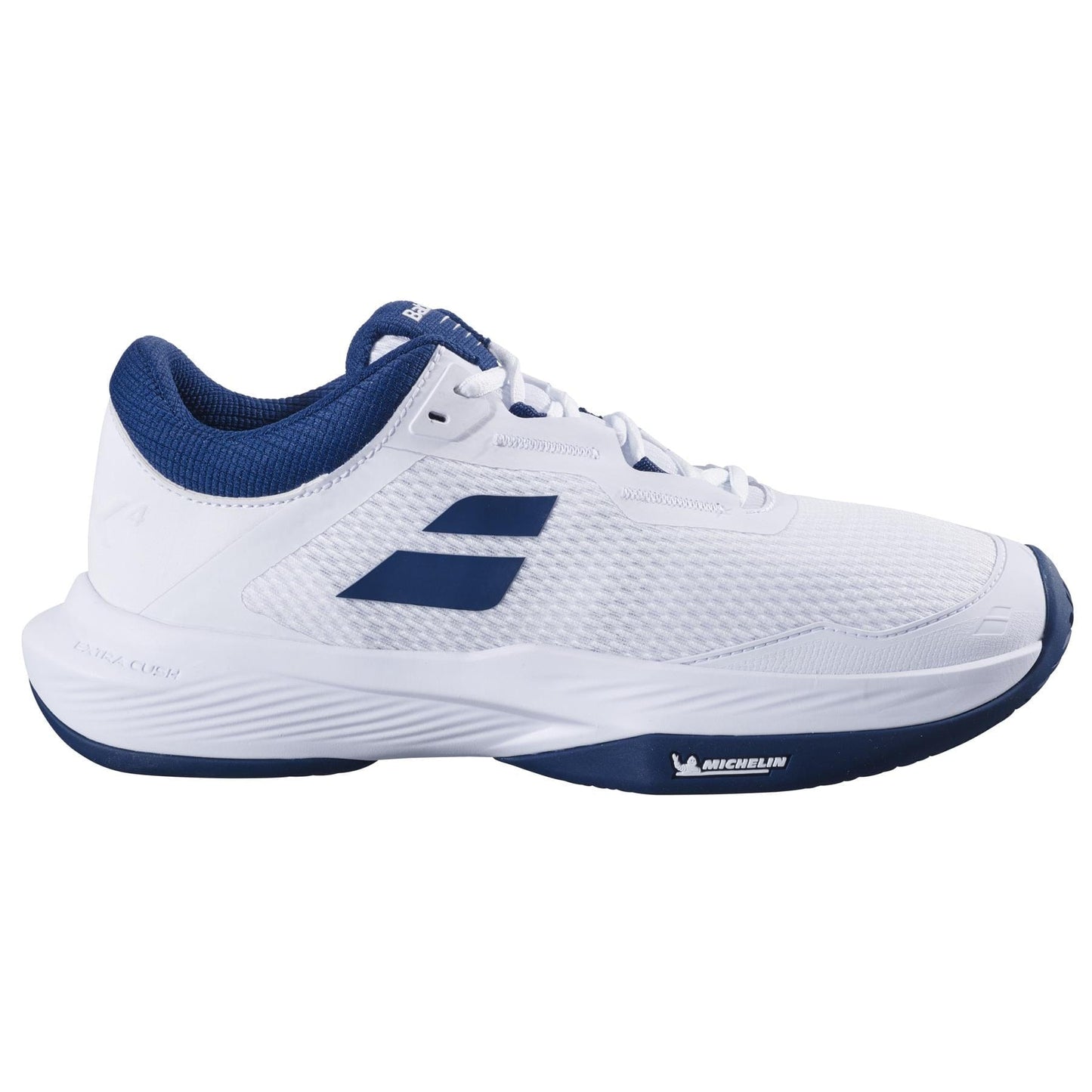 The Babolat SFX 4 All Court 2025 Men's Tennis Shoes in White/Estate Blue feature a breathable mesh upper, thick soles, and a durable Michelin Original rubber outsole for superior traction, complete with a logo on the side.