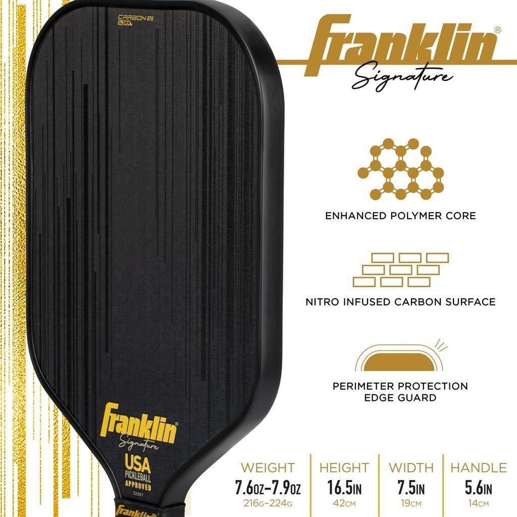 The Franklin Carbon STK 14.5mm Pickleball Paddle - Black features a carbon fiber surface, enhanced polymer core, perimeter protection edge guard, and is USA Pickleball approved. Specs: 7.6–7.9 oz, 16.5" height, 7.5" width, 5.6" handle.