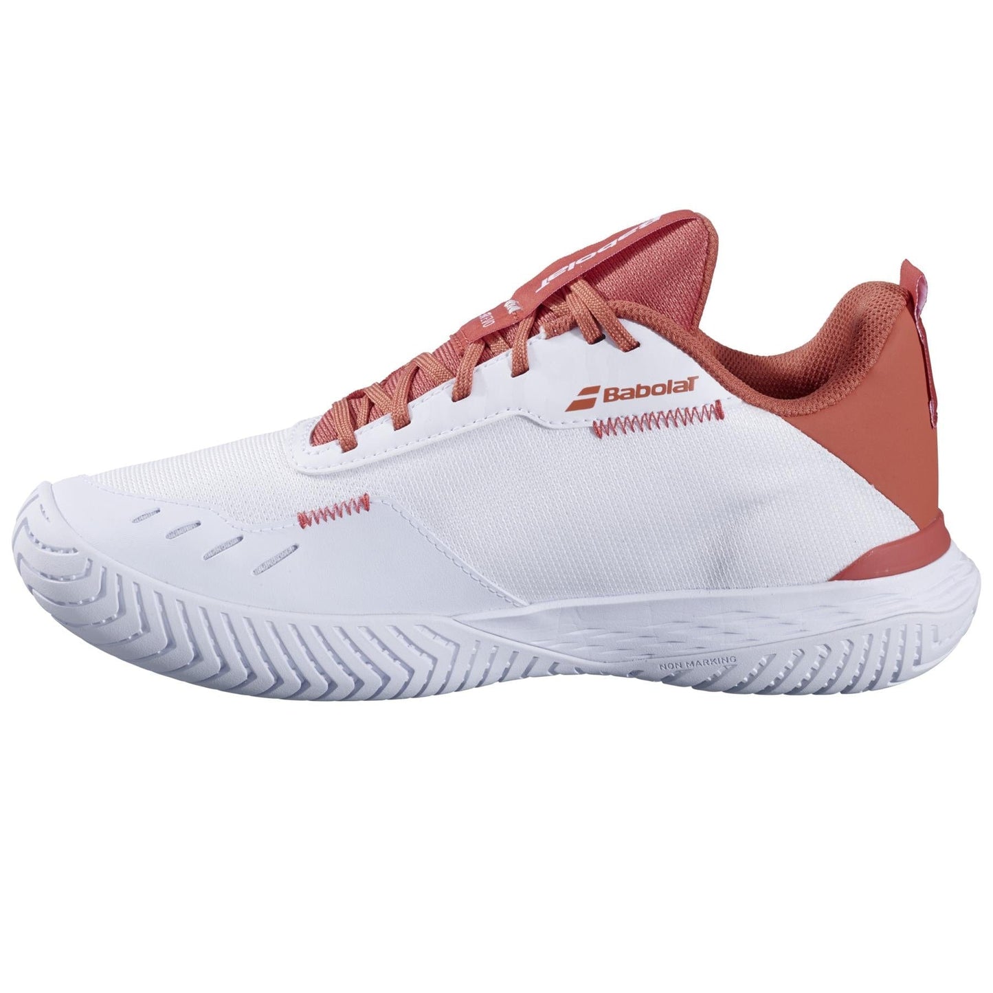 The Babolat SFX Evo Women's Tennis Shoes in White/Terra Cotta feature a wide fit, textured sole, Ortholite insole for comfort, white upper with terra cotta accents and branding on the side.