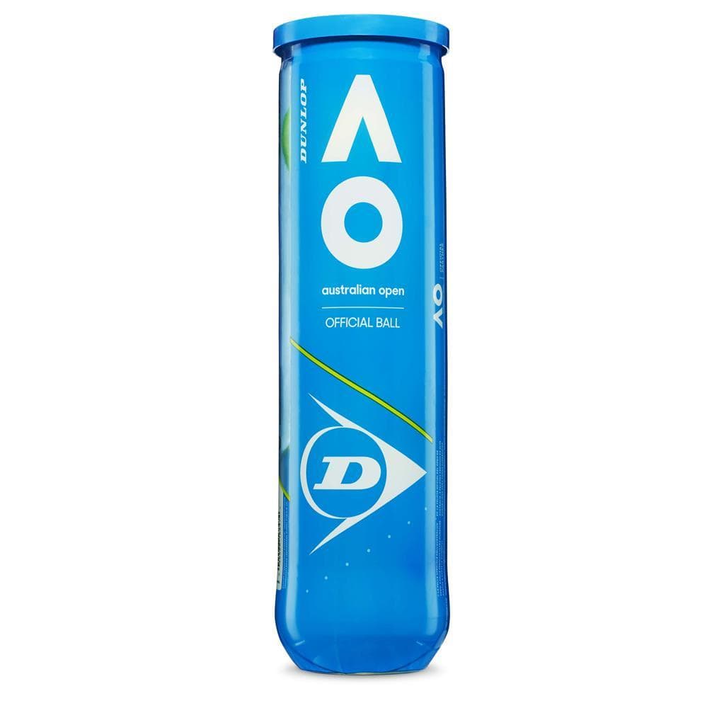 A canister containing four blue cylindrical tennis balls from Dunlop's Australian Open collection, marked with "Australian Open Official Ball." This product prominently displays the Australian Open logo and branding, and utilizes advanced HD Core and HD Pro Cloth technologies to improve performance on the court.