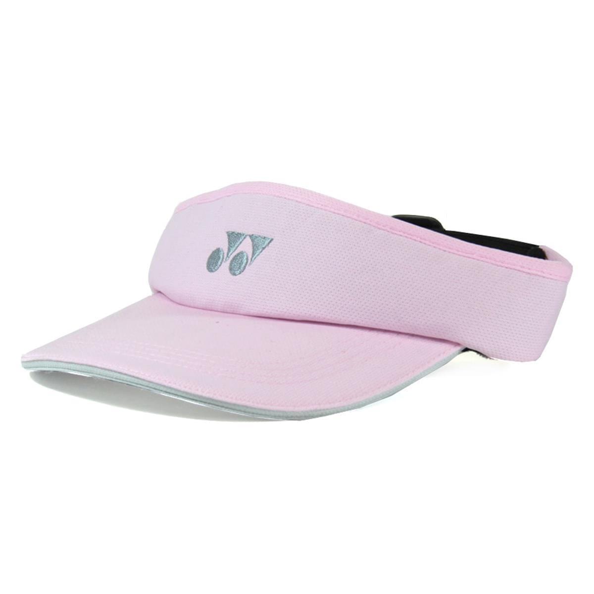 The Yonex W441 Tennis Visor - Pink is a stylish accessory with a front logo, wide brim, and adjustable back strap, perfect for the pro circuit.
