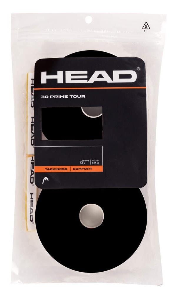 The HEAD Prime Tour Tennis Overgrip (30 Pack) - Black includes an ultra-tacky finish ideal for enhancing grip on your racquet. The clear packaging showcases a black label with the brand's logo and product details to ensure extra feel during gameplay.