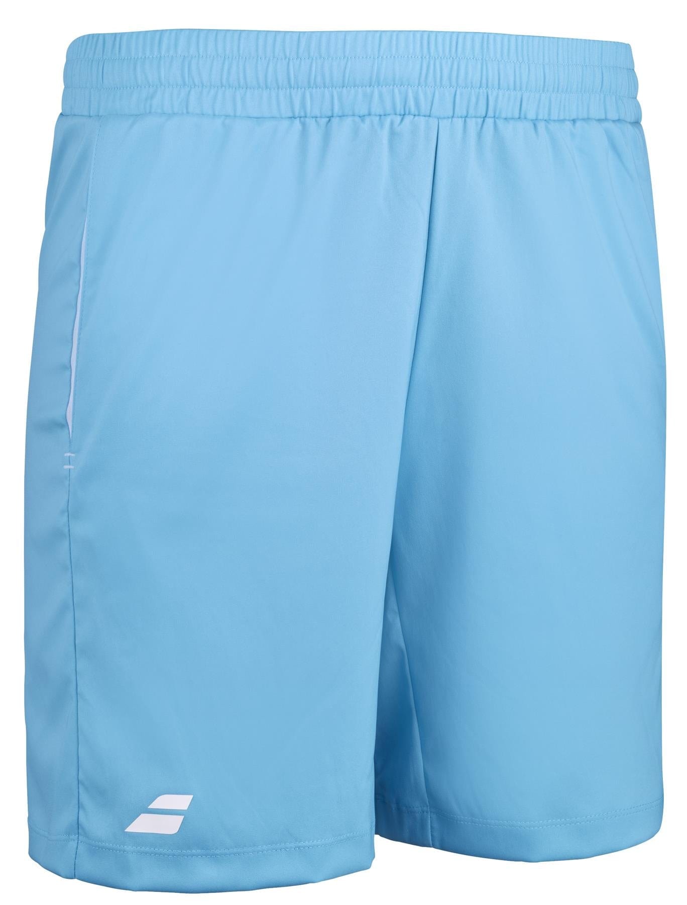 The Babolat Play Men's Tennis Shorts in Cyan Blue are crafted from recycled polyester fabric and include an elastic waistband with a subtle white logo on the lower right. Engineered for 360 Motion, these versatile shorts by Babolat are ideal for both athletic activities and casual wear.