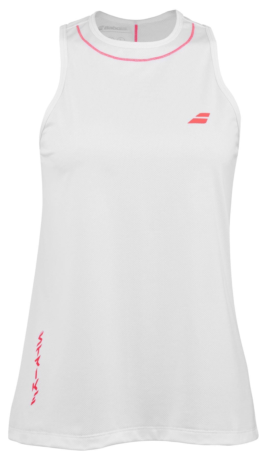 The Babolat Strike Women's Tennis Tank Top in white showcases a sleek design crafted from recycled polyester fabric. This athletic top is sleeveless and adorned with pink accents, a logo on the chest, and vertical text near the hem. Experience both style and performance with the breathable comfort of Fiber Dry-polyester from Babolat.