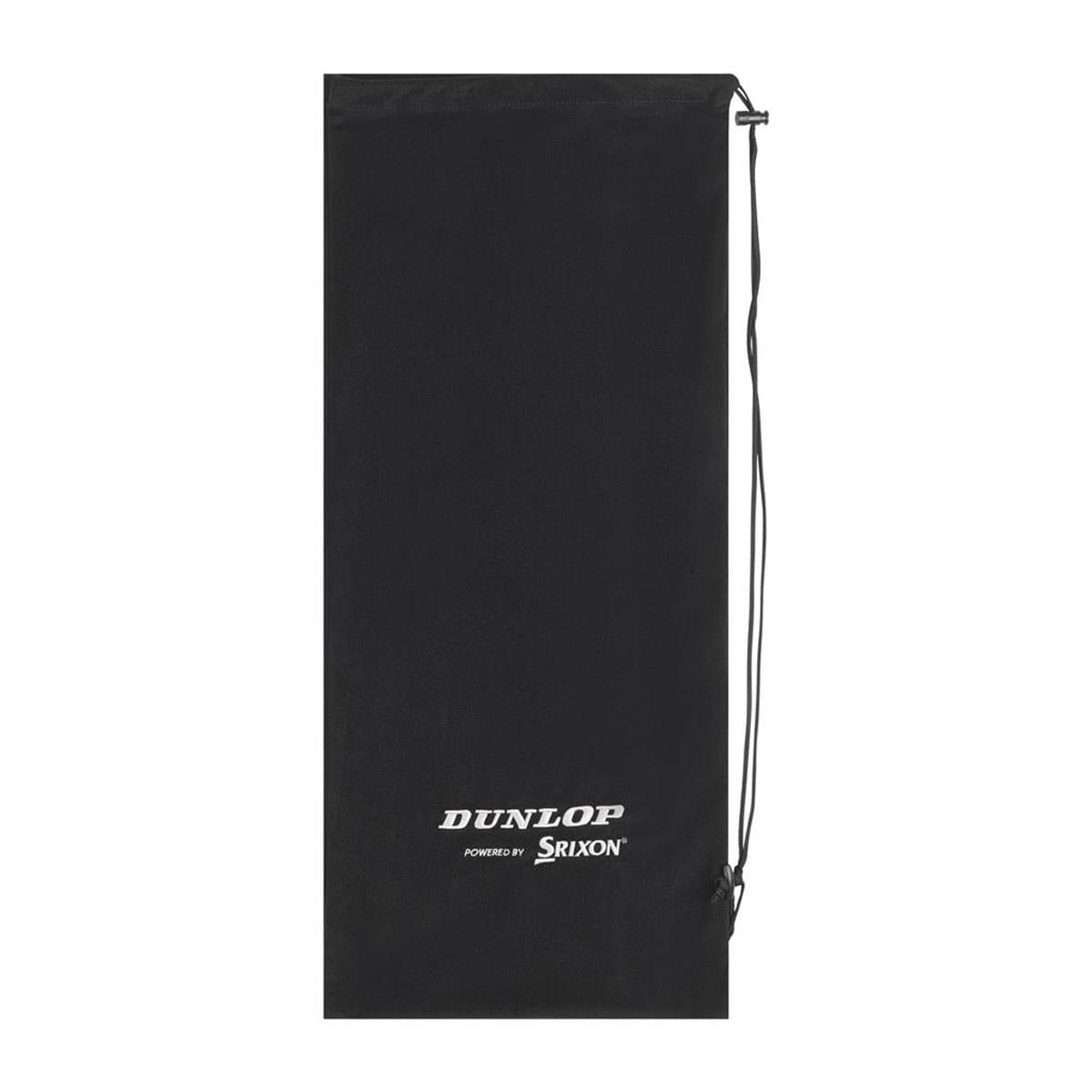 The Dunlop Premium Tennis Racket Head Cover in black is a stylish polyester cover featuring "DUNLOP powered by SRIXON" in white, perfect for protecting your tennis racket.