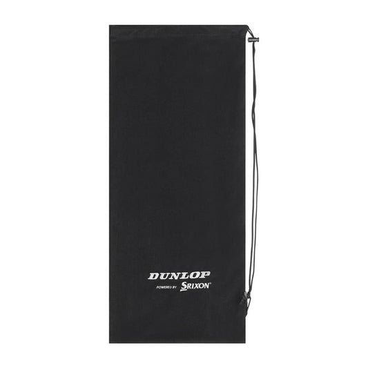 The Dunlop Premium Tennis Racket Head Cover in black is a stylish polyester cover featuring "DUNLOP powered by SRIXON" in white, perfect for protecting your tennis racket.