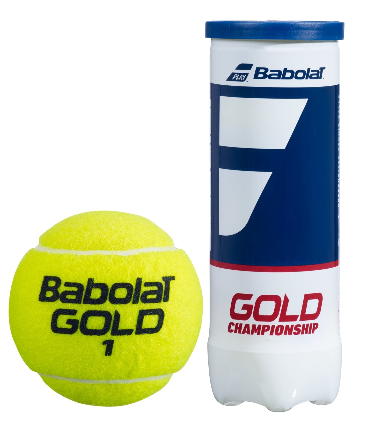 A bright yellow tennis ball, featuring "Babolat Gold 1," is positioned next to a cylindrical container labeled "Babolat EVO Gold Championship Tennis Balls (3 Ball Tube)." This pressurized tennis ball comes in a predominantly blue and white container, accented with bold red text.