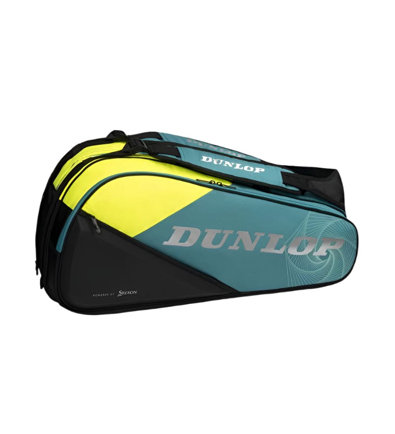 The Dunlop SX Performance 8 Racket Tennis Bag offers a stylish teal, black, and yellow design. It features ergonomic padded shoulder straps, sturdy handles for easy carrying, the prominent Dunlop logo, and multiple compartments for organized storage.