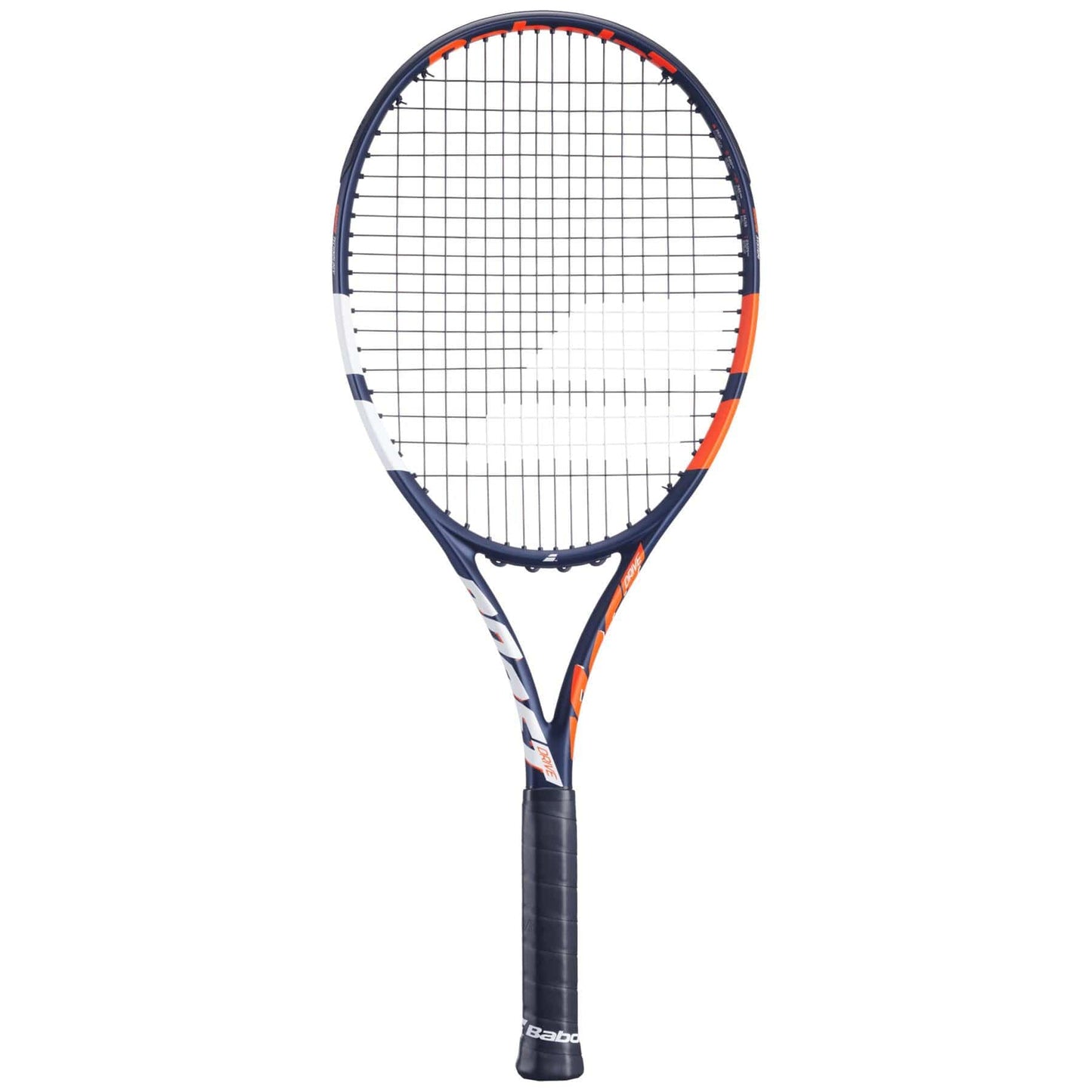 The Babolat Boost Drive Tennis Racket showcases a navy blue graphite frame, orange highlights, and white strings. Its handle features a black grip with "Babolat" at the base.