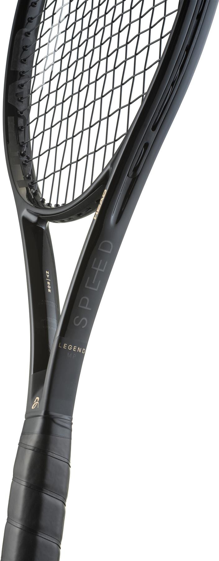 Close-up of the HEAD Speed MP Legend 2025 Tennis Racket - Black / Gold by HEAD, featuring "SPEED" on the frame, detailed strings and grip, similar to Novak Djokovic's racket, set against a plain white background.