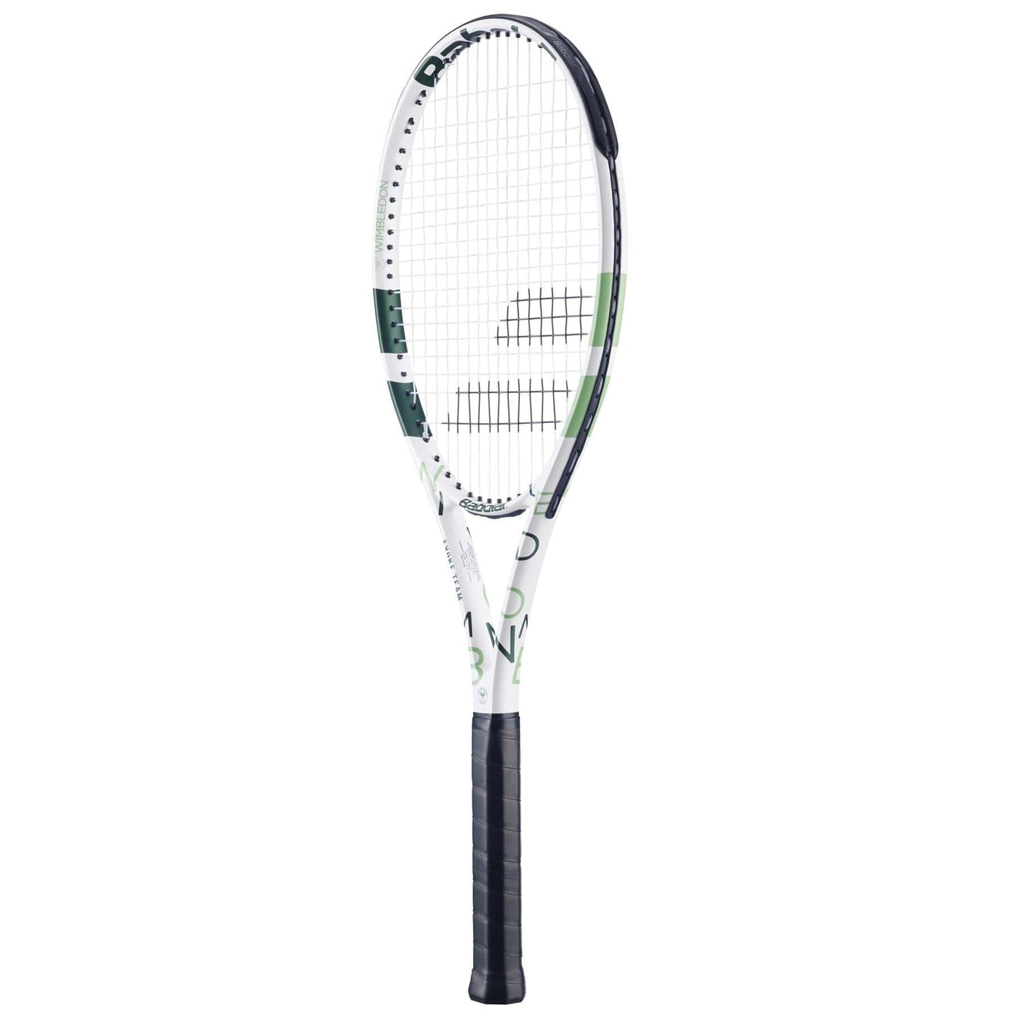 A lightweight Babolat Evoke Team Wimbledon 2025 tennis racket in white and champagne green with a black grip, shown against a plain white background.