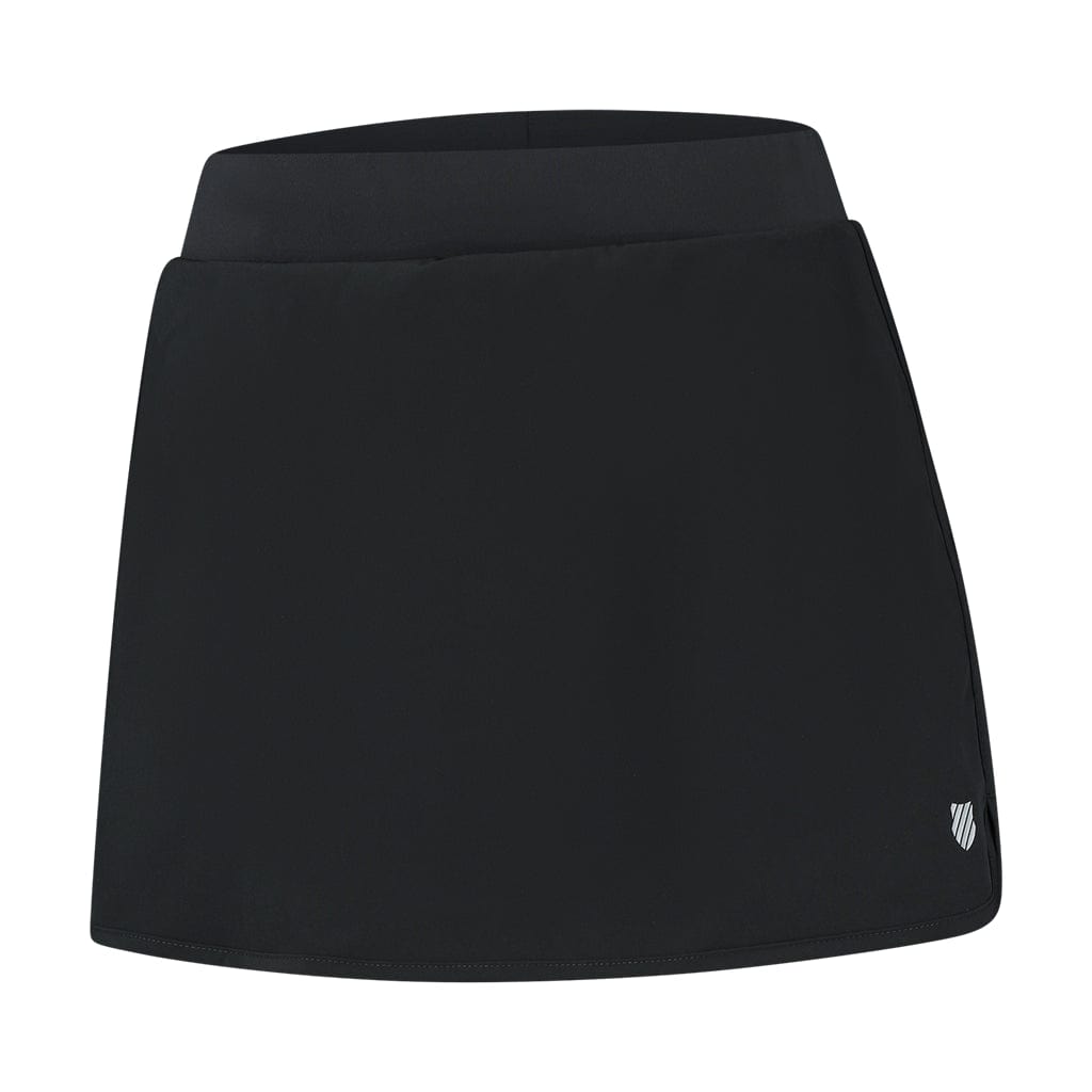 The K-Swiss Tac Hypercourt Pleated Tennis Skirt 4 in black includes a wide waistband, 4-Way Density Stretch technology for enhanced comfort, and a small logo near the bottom hem.