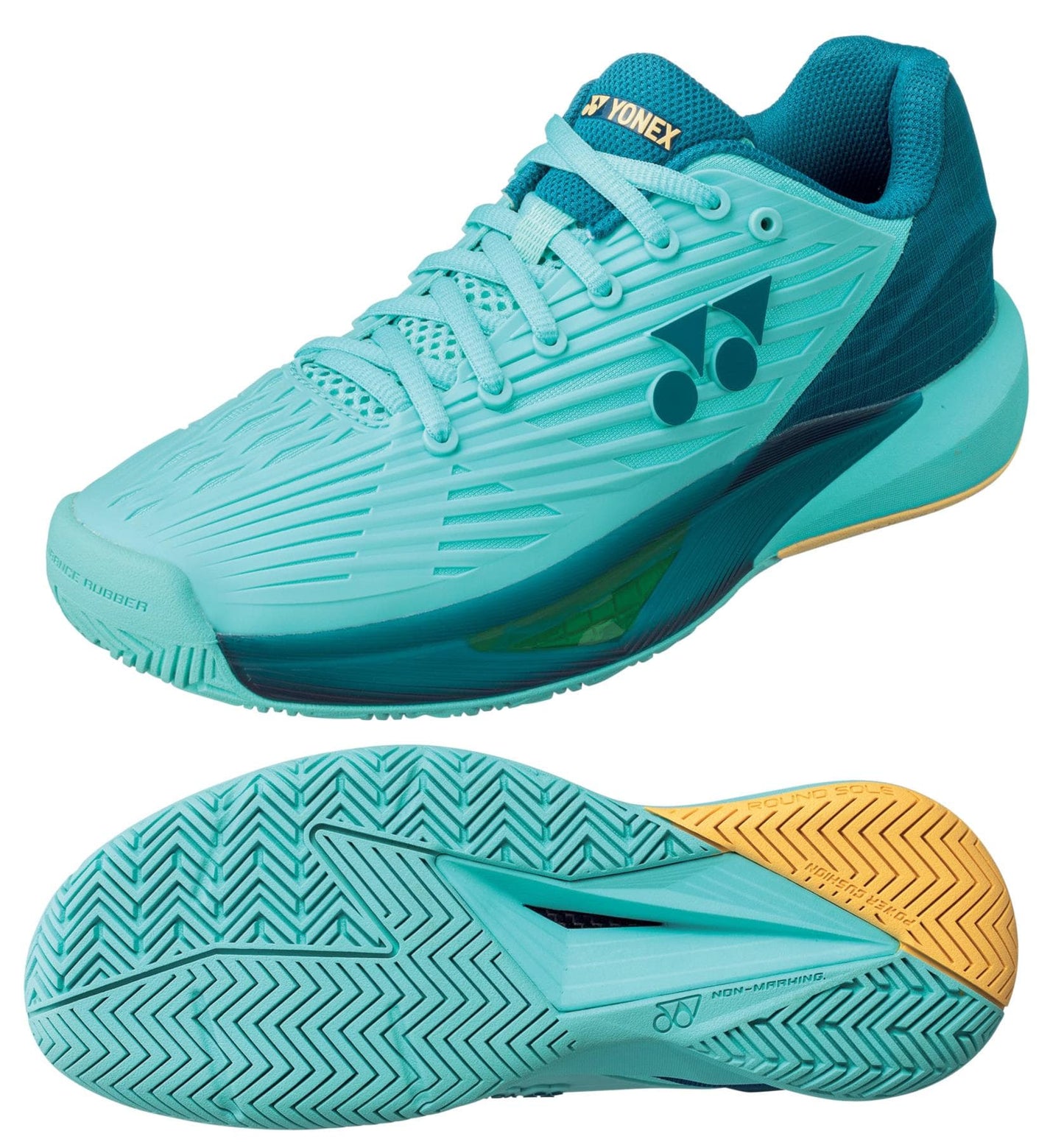 Introducing the Yonex Power Cushion Eclipsion 5 Women's Tennis Shoes in cyan, featuring a textured design with vibrant yellow accents. These sneakers are equipped with the renowned Yonex Power Cushion technology for superior comfort and support. The iconic brand logo is prominently displayed on the side. The photo showcases one shoe from a side perspective, while the other is viewed from underneath.