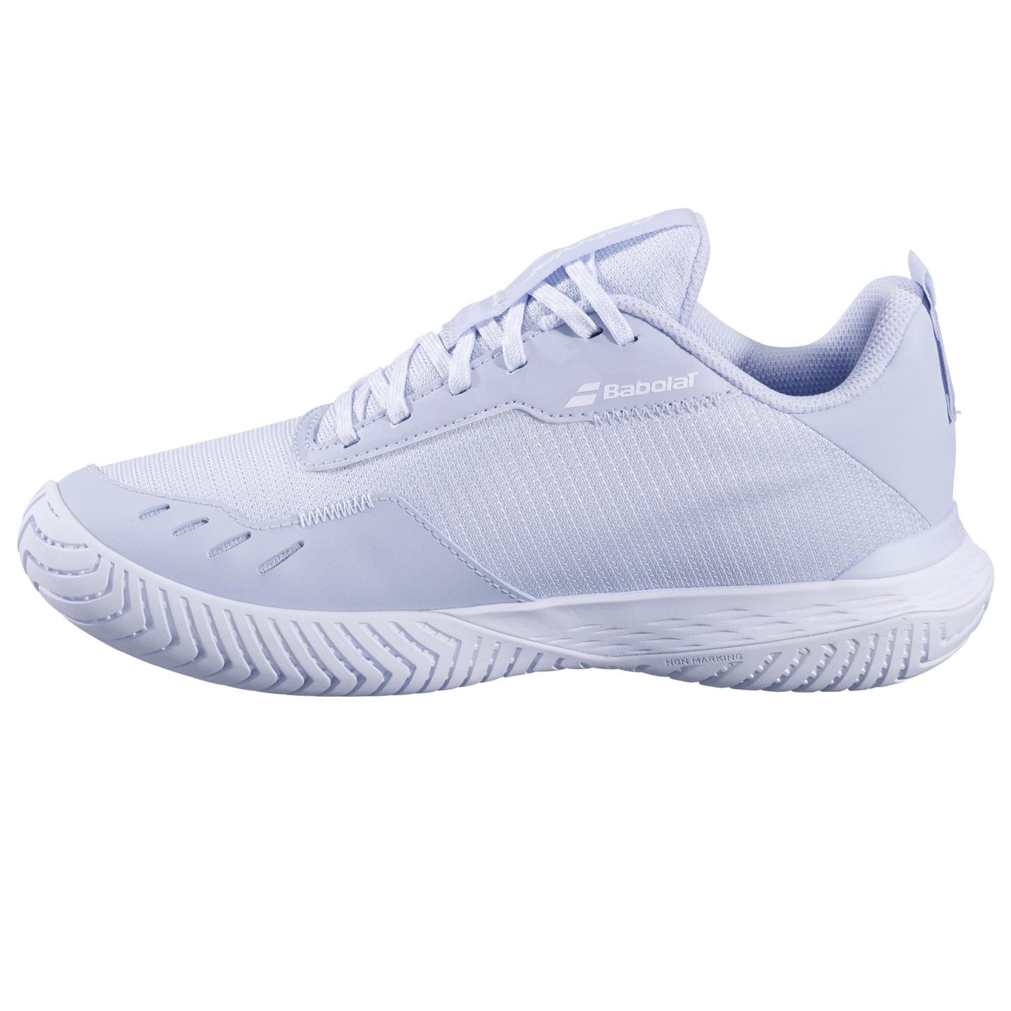 The Babolat SFX EVO All Court 2025 Women's Tennis Shoes in Xenon Blue and White feature a lace-up design with a Michelin rubber sole, perfect for sports and casual wear, with "Babolat" displayed on the side.