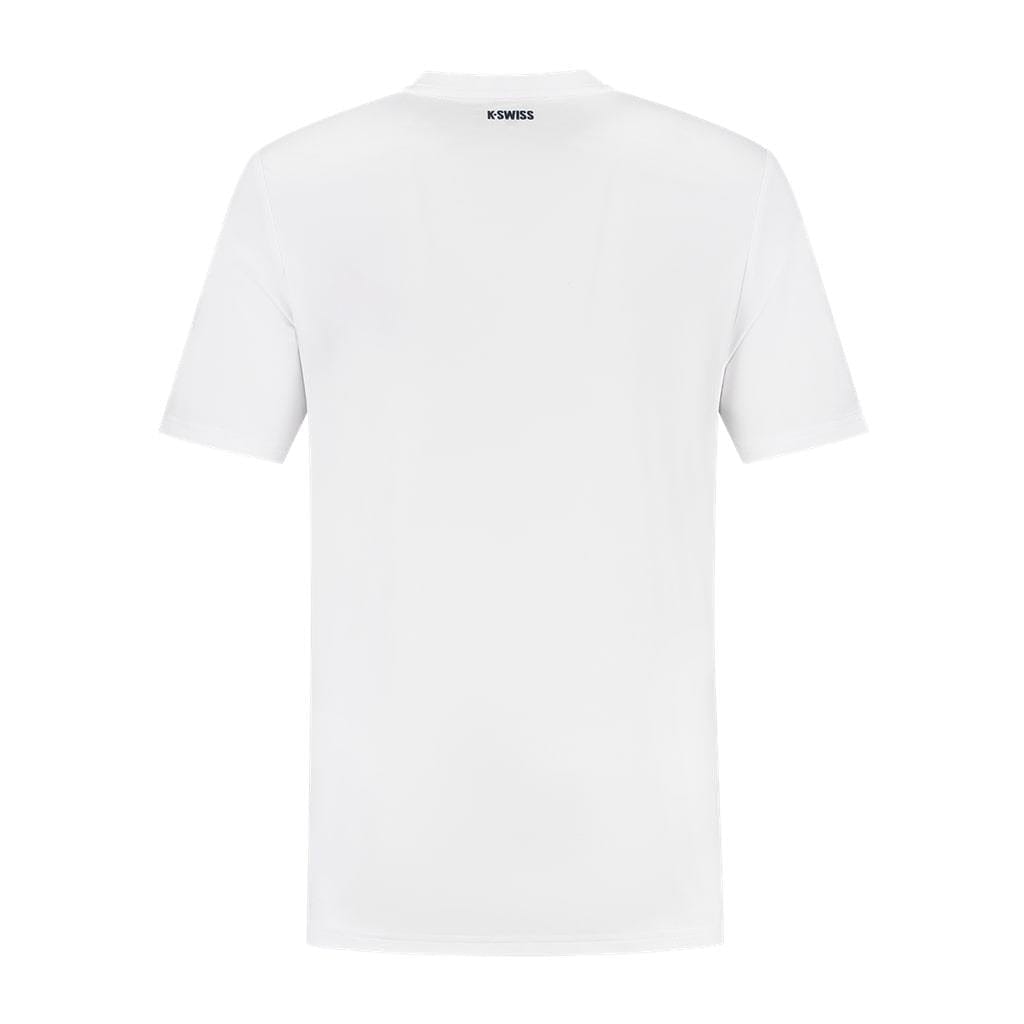 A K-Swiss Hypercourt Basic Crew Men's Tennis T-Shirt in white, featuring the brand name "K-SWISS" printed at the top center near the neckline on the back, ideal for a sporty casual style.