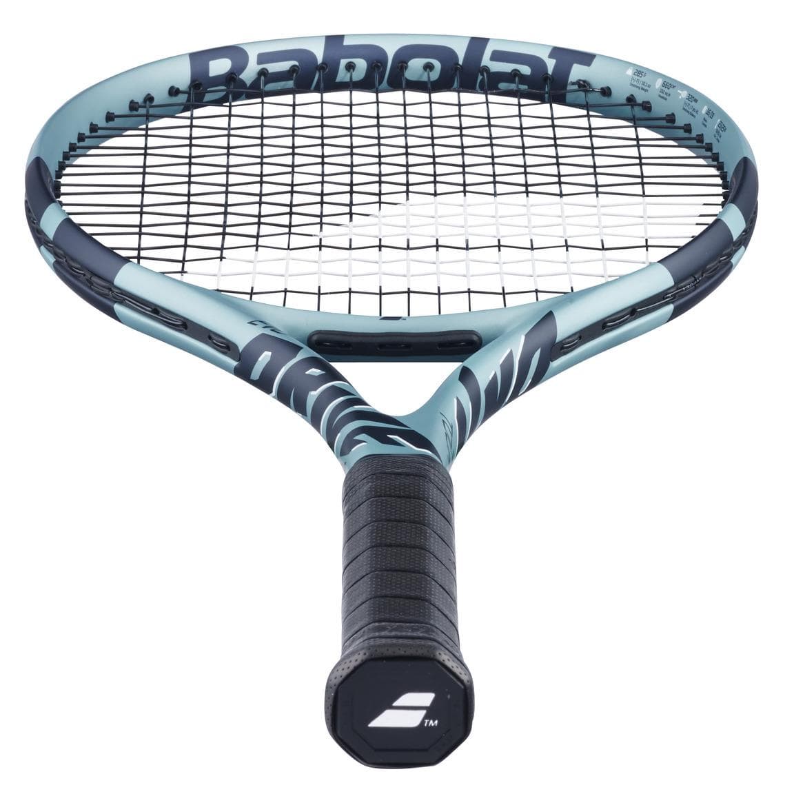 The Babolat EVO Drive Tour Gen 2 Tennis Racket in blue features a black grip with Air Handle Touch and a sleek blue-gray frame with strings. The Babolat logo is prominently displayed on the inner frame.