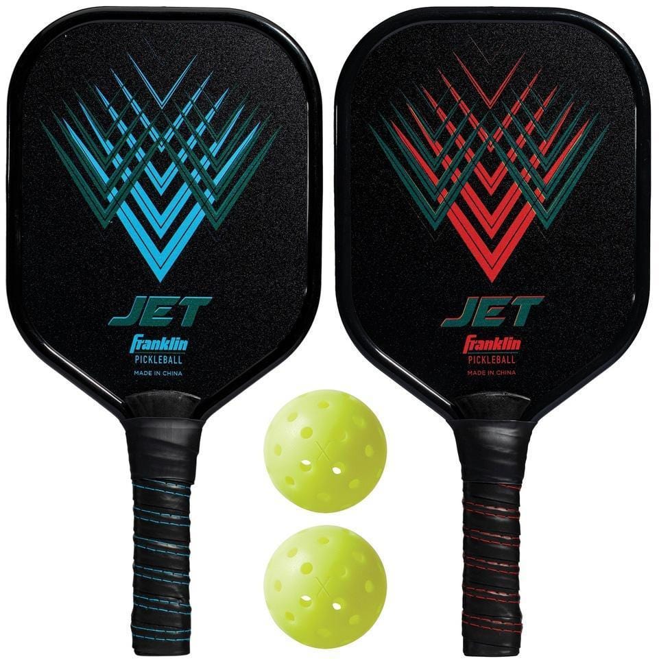 The Franklin Jet 2-Players Pickleball Set by Franklin features two dual-plated aluminum paddles—one with blue and one with red graphics—side by side above two yellow pickleballs, showcased on a white background.