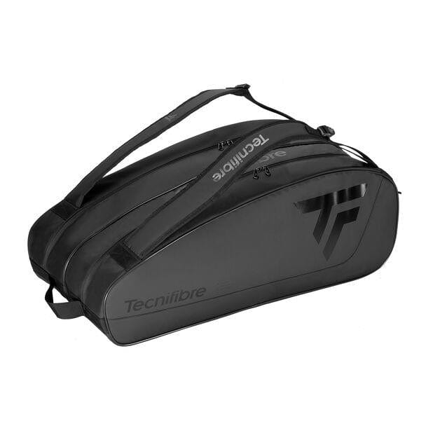 The Tecnifibre Tour Endurance 2024 12 Racket Tennis Bag - Ultra Black, preferred by Daniil Medvedev, is ideal for transporting rackets and gear. It features two spacious zippered compartments and a shoulder strap for convenient carrying, with the Tecnifibre logo prominently displayed on its stylish black design.