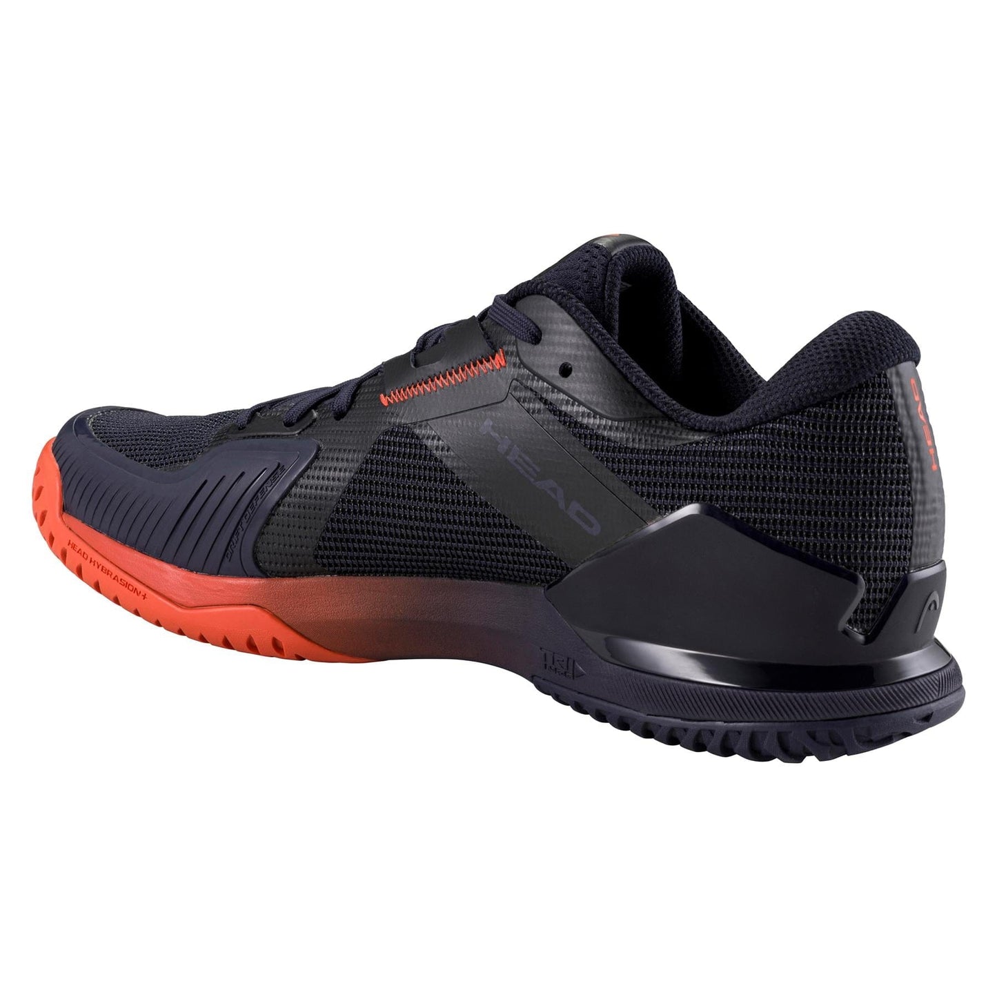 The HEAD Sprint Pro 4.0 Men's Tennis Shoes in Dark Blue/Red feature a sleek design with red accents, mesh upper for breathability, OrthoLite insole for lightweight comfort, textured sole for exceptional grip, and sturdy heel support.