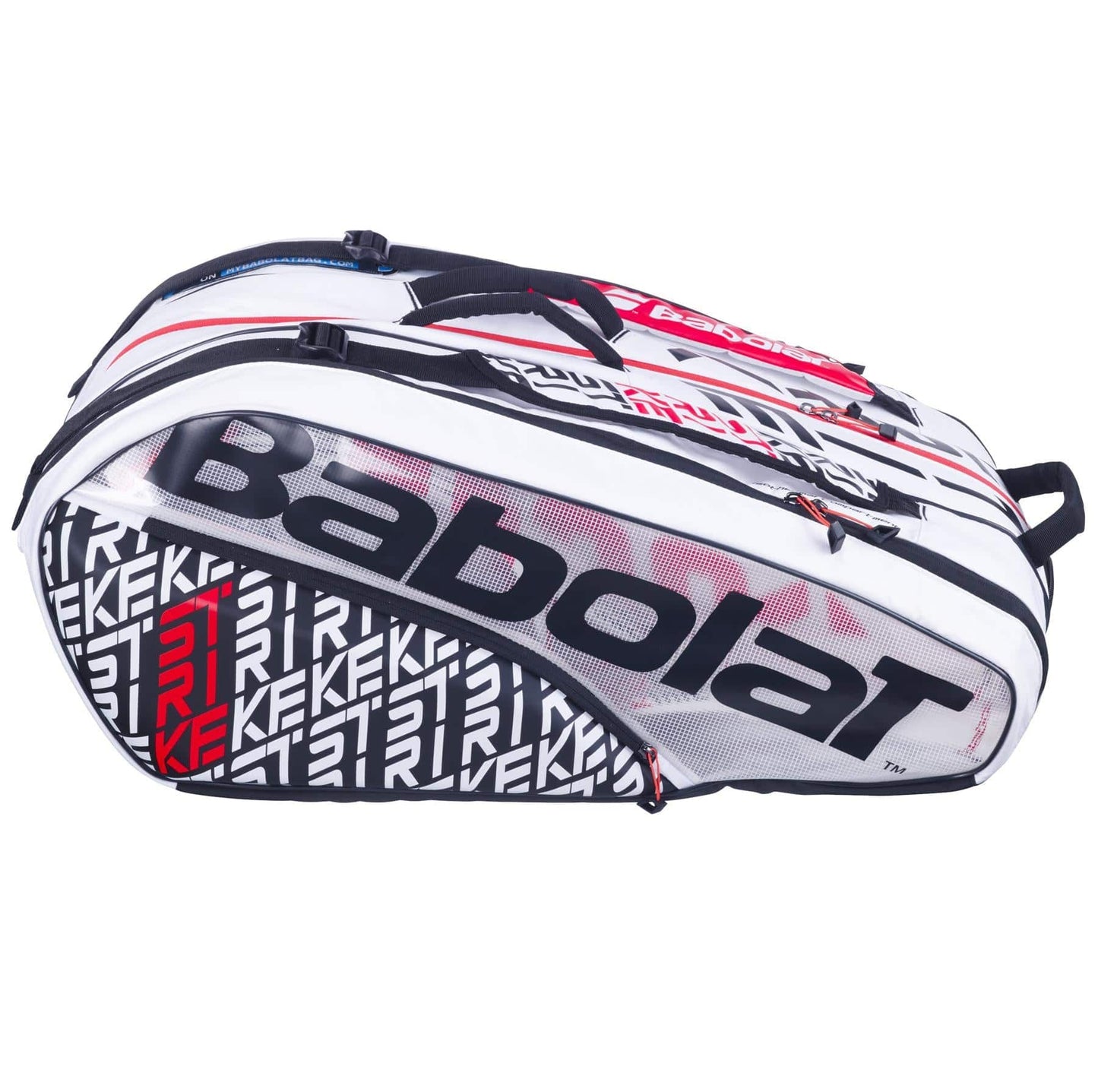 The Babolat RH12 Pure Strike 12 Racket Tennis Bag, featuring a sleek white and black design with red accents, prominently displays the brand name "Babolat" along with a distinctive "Pure Strike" motif. This insulated tennis bag provides generous space for tennis gear, equipped with several compartments, zippers, and straps for convenient transport.