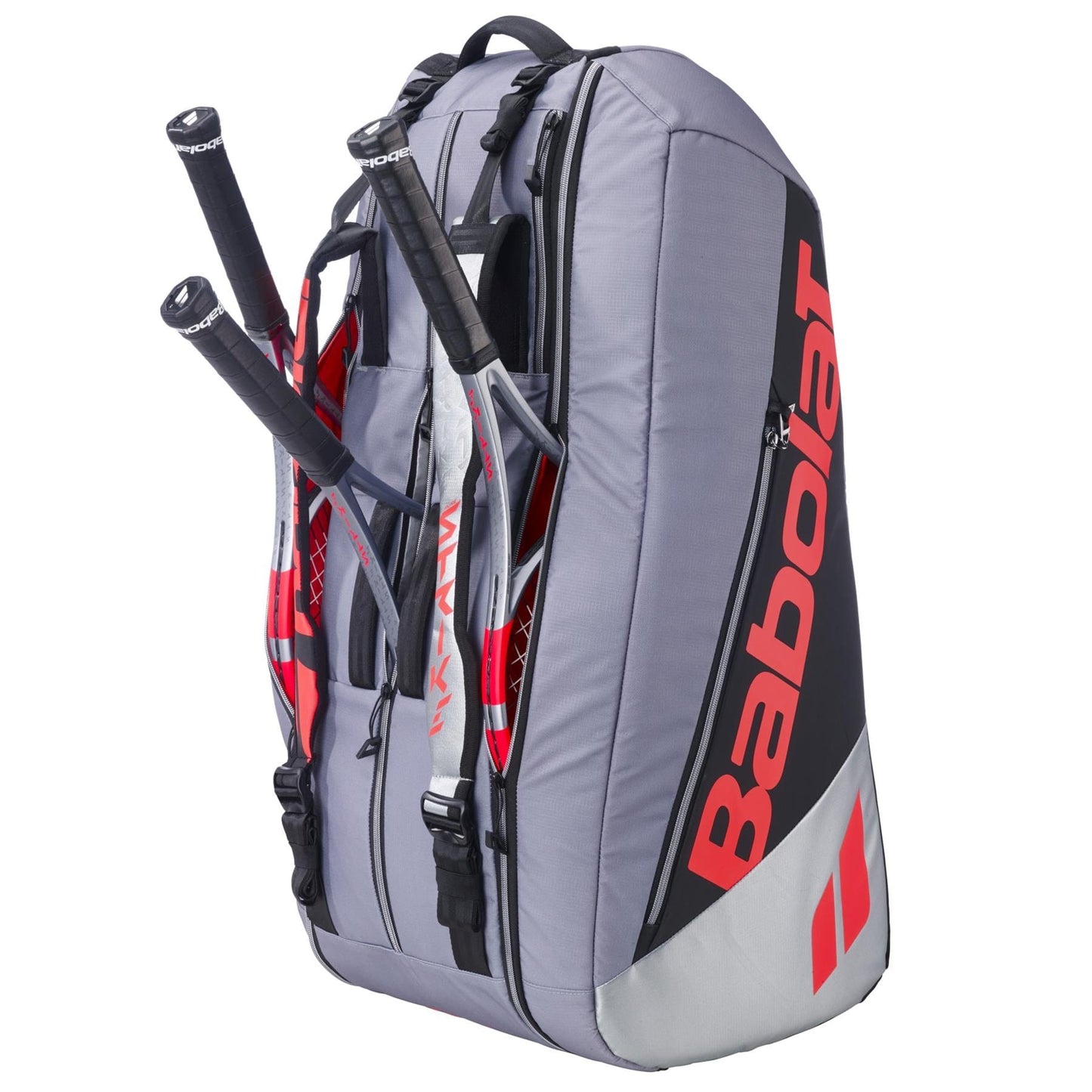 The Babolat RH9 Pure Strike 9 Racket Tennis Racket Bag in carbon grey holds up to nine rackets, features stylish red accents, and offers water-repellent protection for your gear.