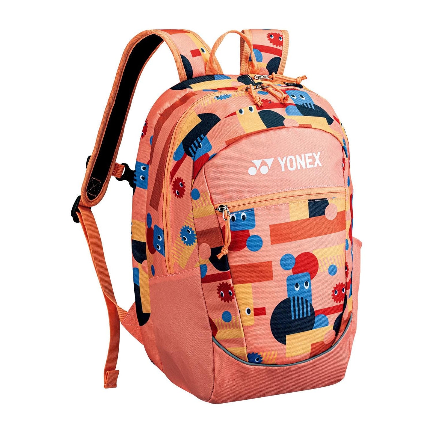 The Yonex 22512 Junior Tennis Backpack - Coral is a vibrant accessory with orange padded shoulder straps and a lively design featuring abstract shapes in blue, red, and yellow. Ideal for tennis gear, it has multiple compartments and is showcased on a white background.