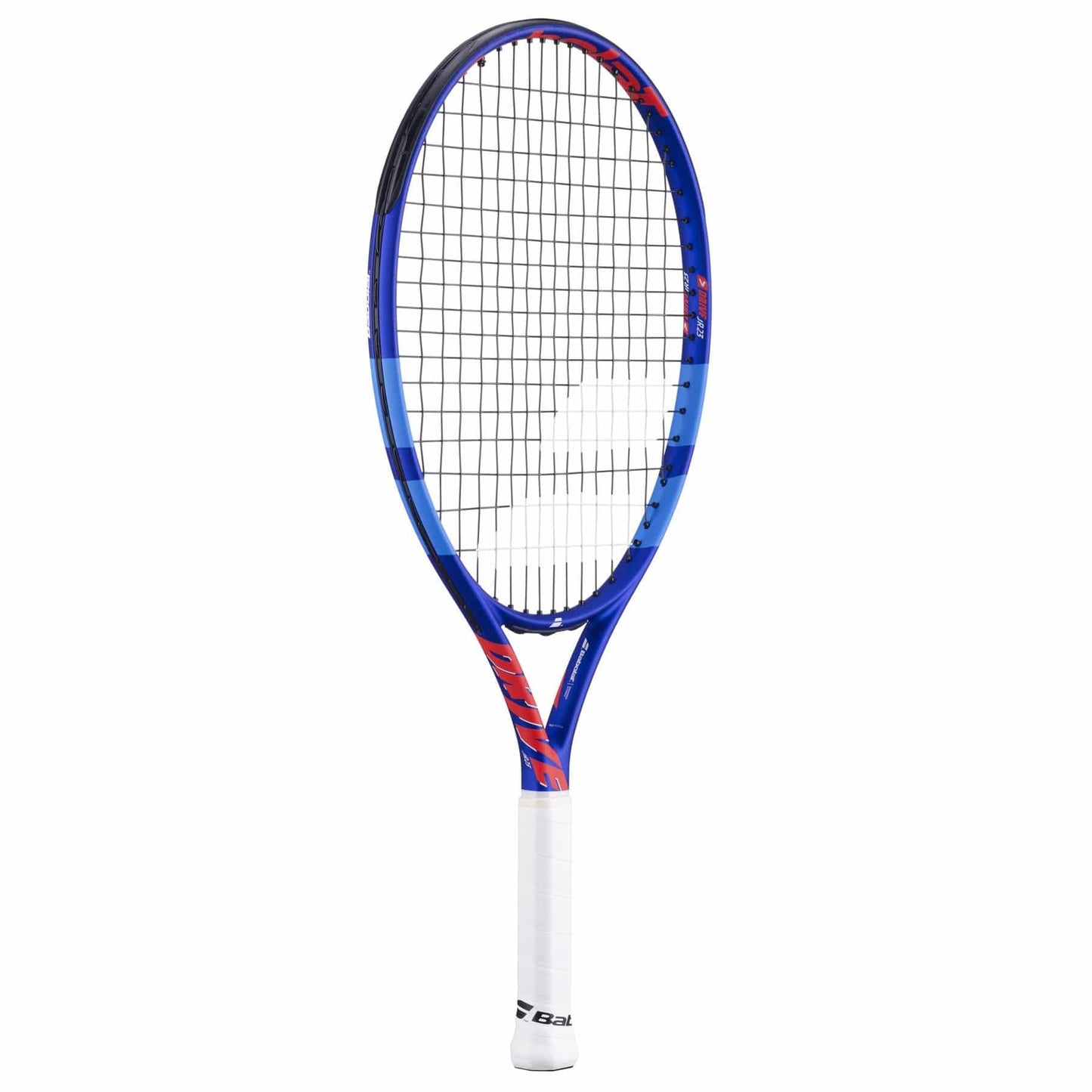 The Babolat Drive Junior 23 Tennis Racket - Blue is ideal for young players, showcasing a blue design with red accents, a white grip, and the Babolat logo at the handle's base. It features a mesh string pattern.