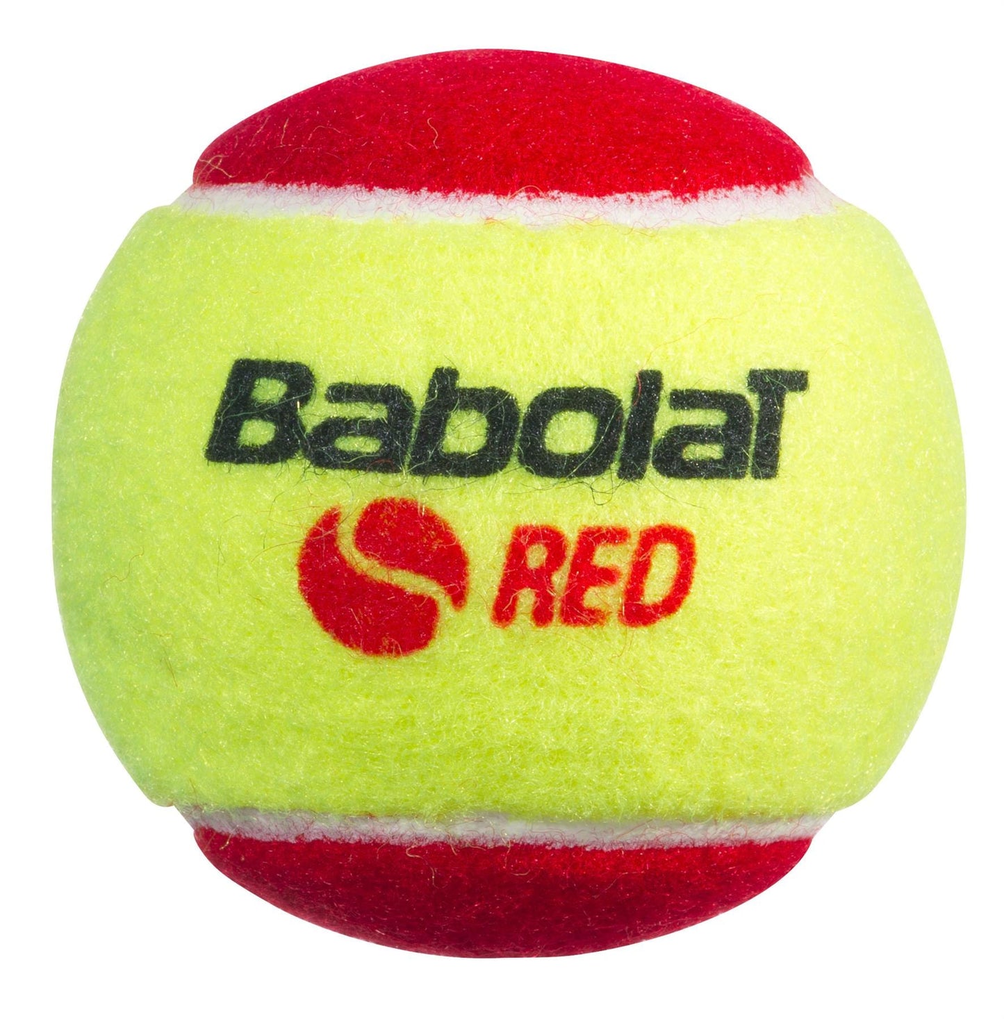 A red and yellow Babolat Initiation Red Felt X3 Stage 3 Tennis Ball, marked with "Babolat Red," provides reliable performance for beginners and is ITF-approved.