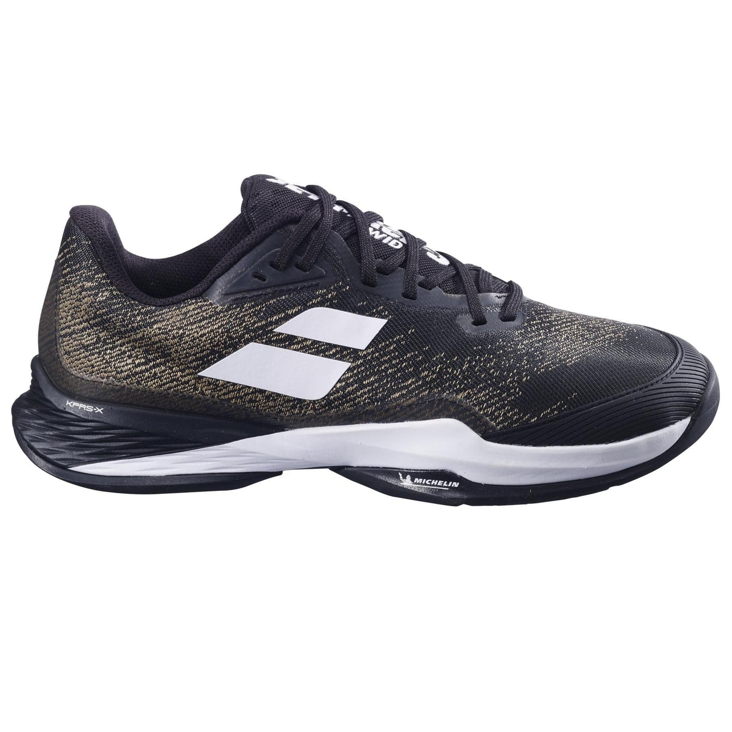 The Babolat Jet Mach 3 All Court Men's Tennis Shoes in black and white feature a Michelin sole for textured grip and a lace-up design with Matryx technology, making them perfect for active wear.