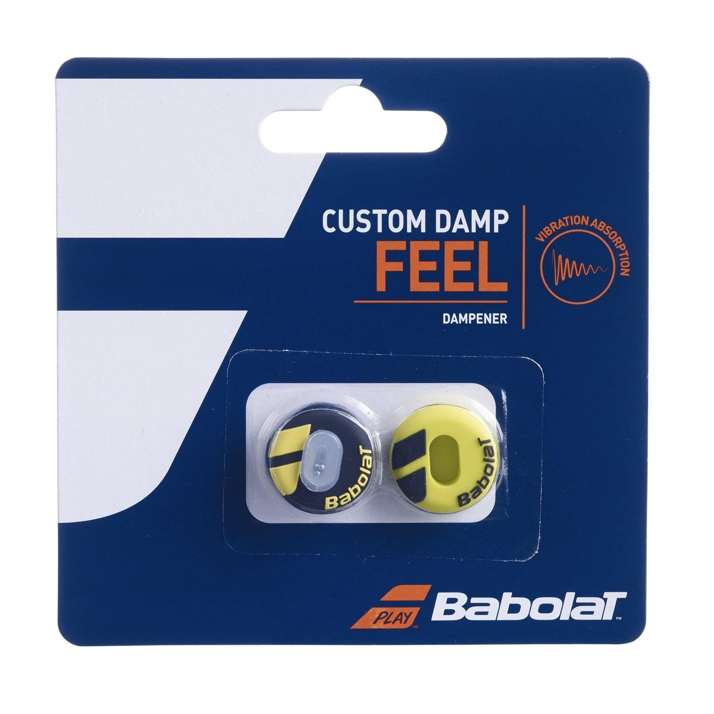 The Babolat Custom Damp X2 Tennis Dampener - Black / Yellow is designed to improve vibration dampening in tennis rackets and comes with two pieces: one in black featuring a yellow logo and the other in yellow with a black logo, both showcasing the Babolat brand name.