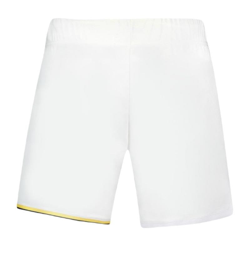 The Le Coq Sportif Pro Men's Tennis Shorts in Optical White showcase a minimalist design, highlighted by a delicate yellow and green stripe along the lower edge of the left leg. Made from breathable fabric to enhance mobility, these shorts are equipped with an elastic waistband for added comfort.