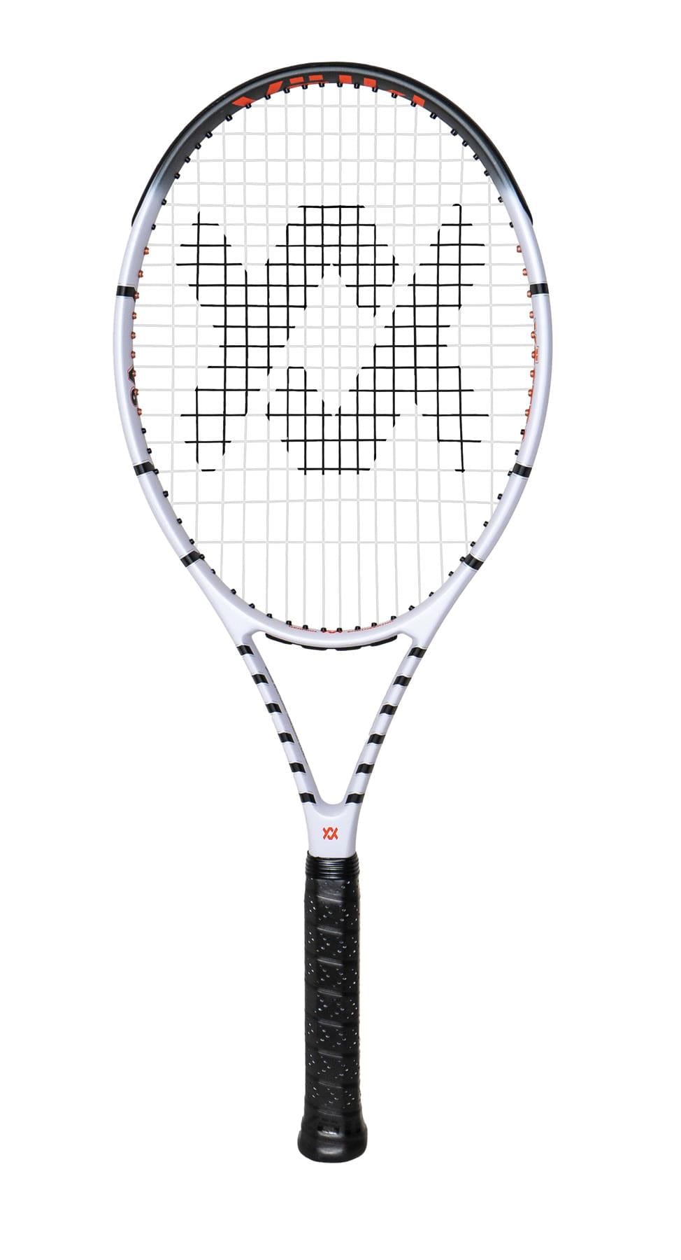 The Volkl Vostra V6 Tennis Racket - White, by Volkl, is a top-tier racket with a black grip and a sleek white frame. The strings create an eye-catching logo and the black and red accents on the frame add to its energetic aesthetic. Designed for optimal tension, the strings provide a catapult effect with each swing.