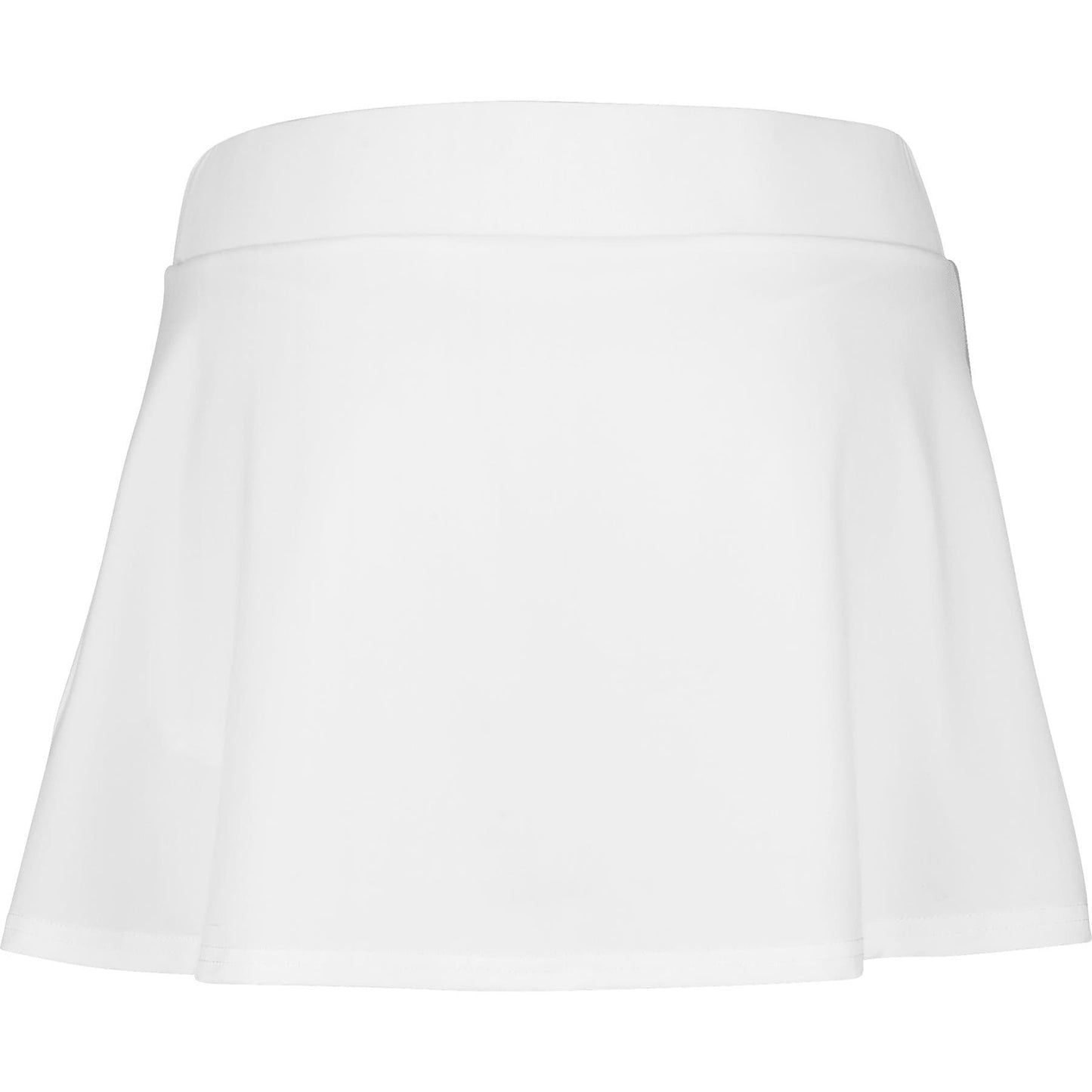 The Babolat Play Women's Tennis Skirt is shown in white and orange, featuring a pleated design and wide waistband, made from recycled polyester, set against a plain background.
