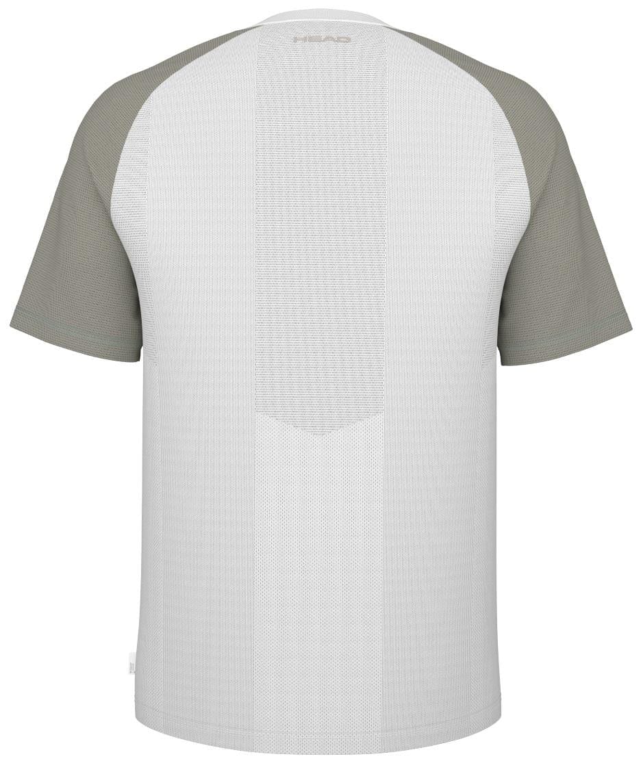 The HEAD Performance Men's Tennis T-Shirt - XPWG has a light gray body, olive green sleeves, and features Moisture Transfer Microfiber technology with a textured pattern. A brand logo is near the collar on the back.