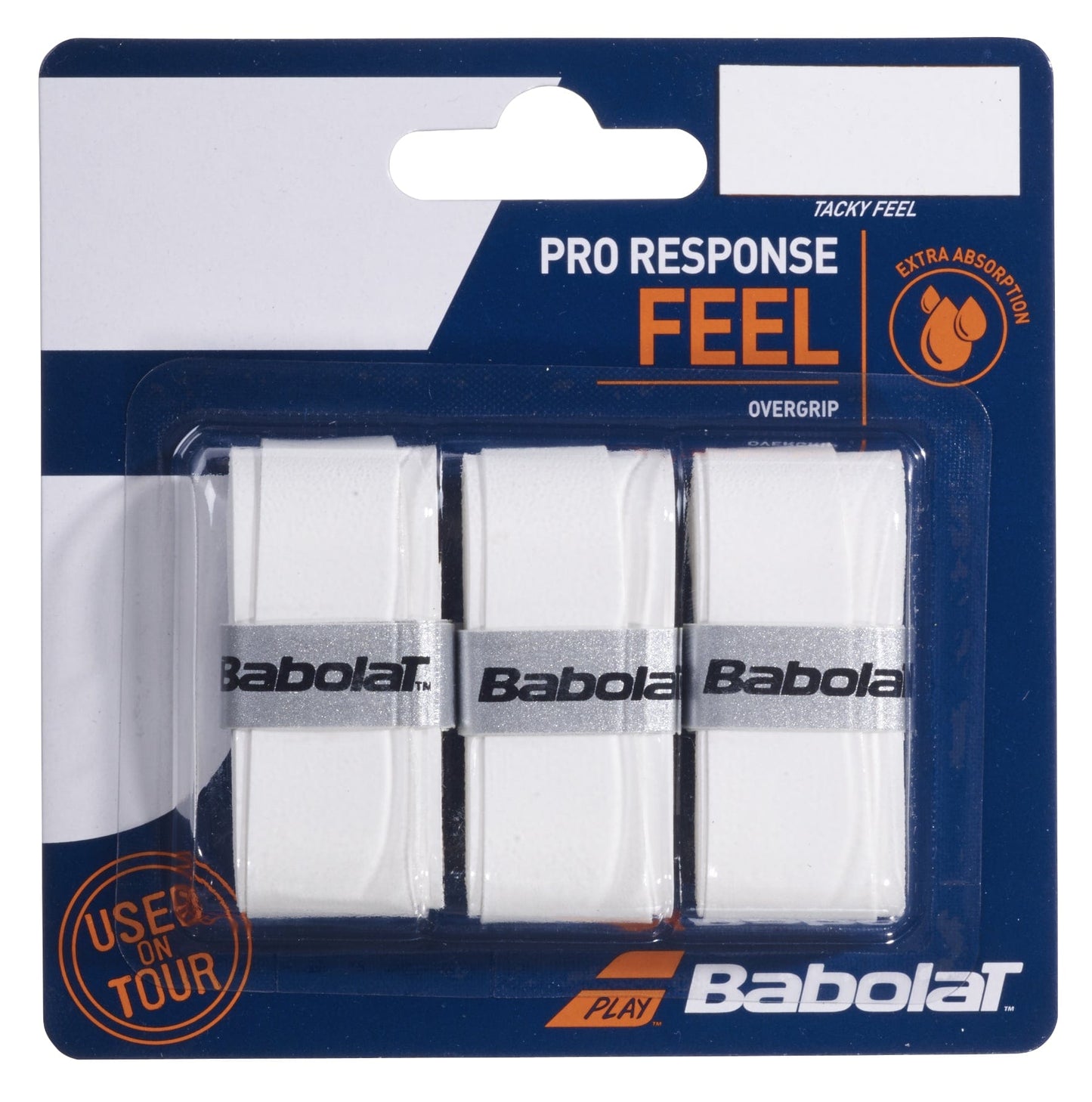 The packaging of the Babolat Pro Response Tennis Overgrips X3 - White displays three grips and emphasizes features such as "extra absorption," "used on tour," and a tacky feel, making it perfect for enhanced performance.