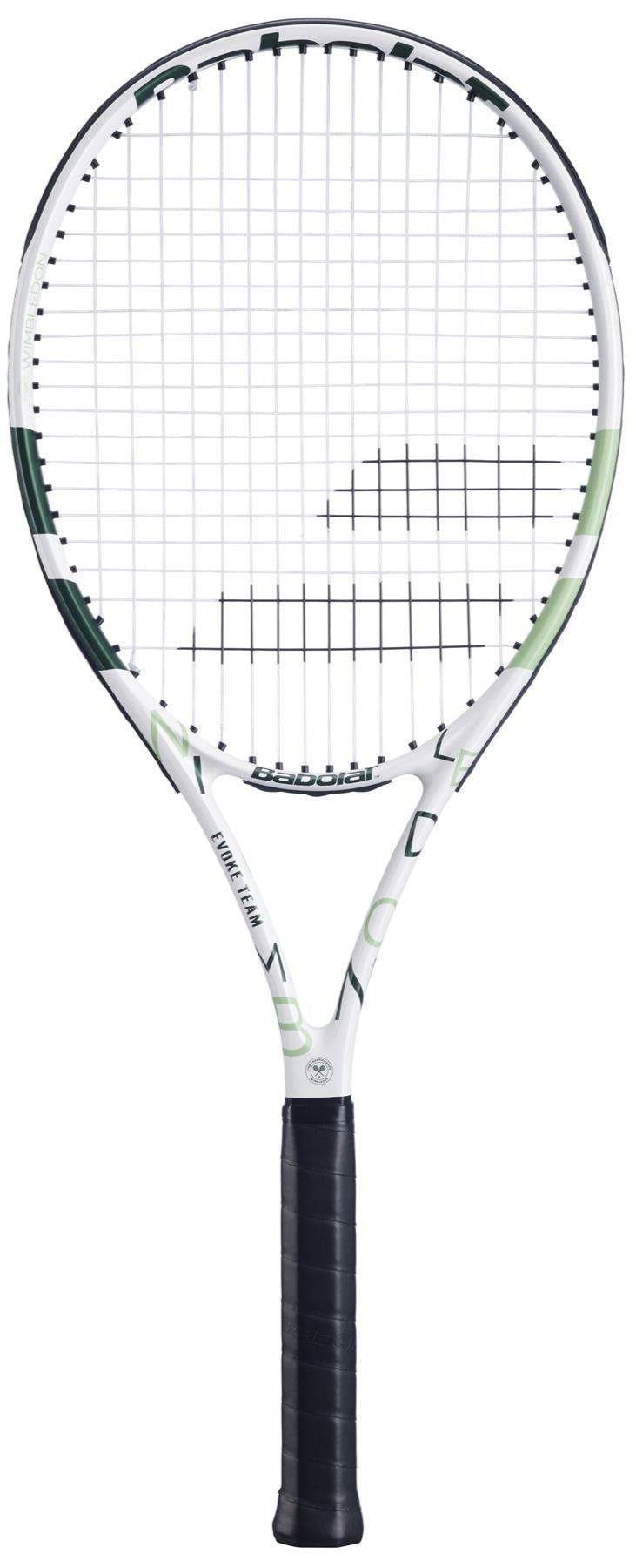 A lightweight Babolat Evoke Team Wimbledon 2025 tennis racket in white and champagne green, shown vertically against a plain white background.