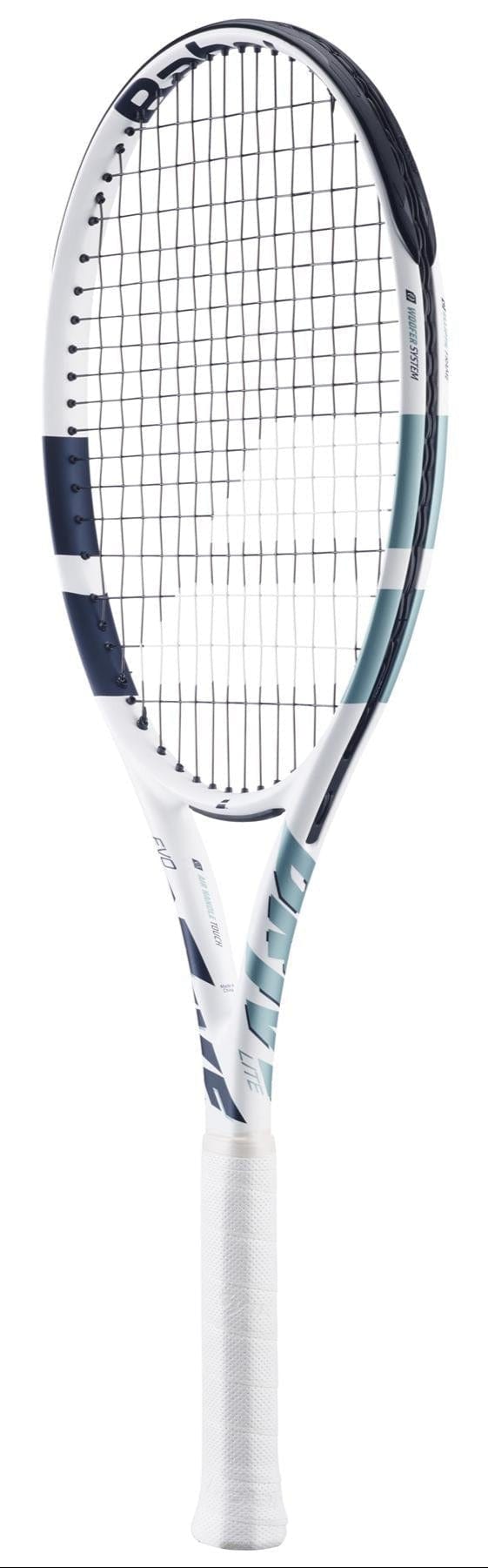 The Babolat EVO Drive Lite Gen 2 Tennis Racket in white features navy accents with blue diagonal stripes on the frame and a black grip. It has a rounded head, mesh string pattern, and an Air Handle Touch for enhanced playability.