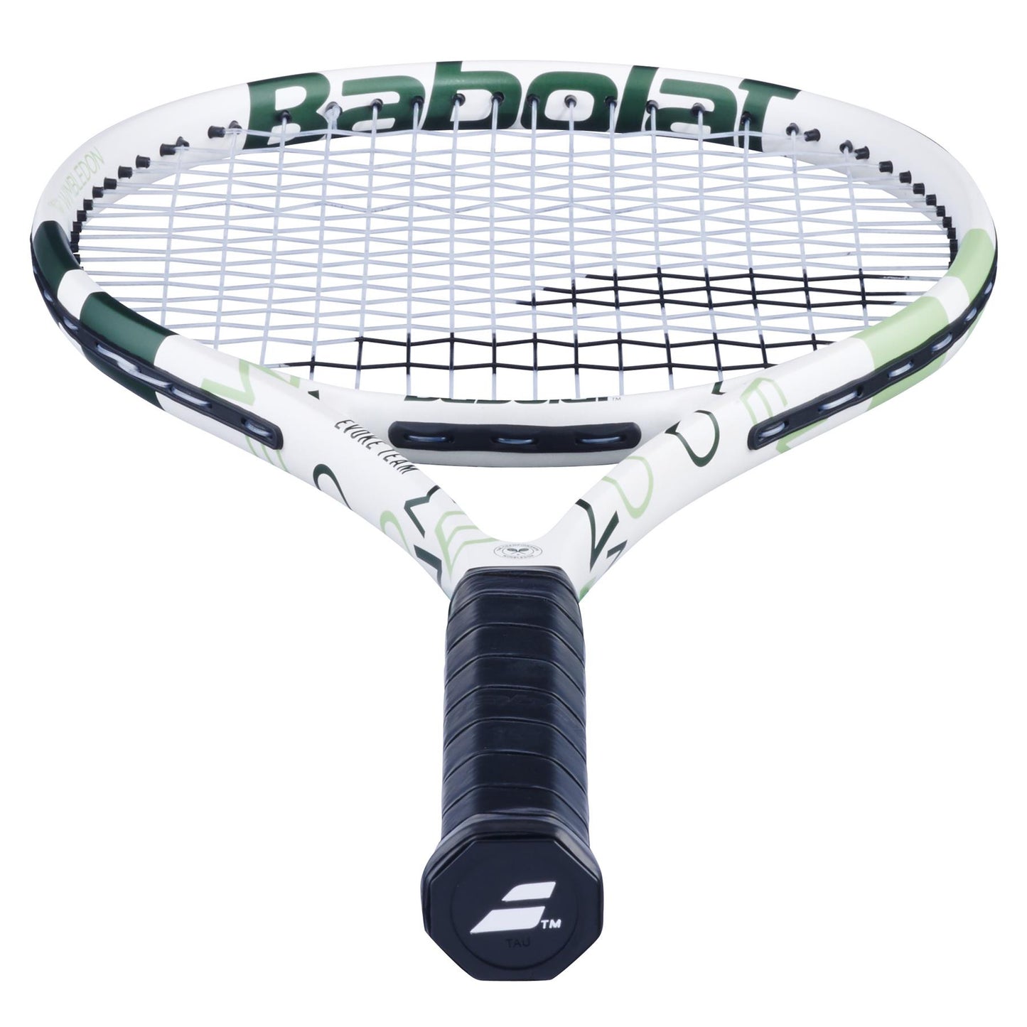 A close-up of the Babolat Evoke Team Wimbledon 2025 Tennis Racket shows its white and champagne green frame, black strings, and black grip handle featuring the Babolat logo at the end.