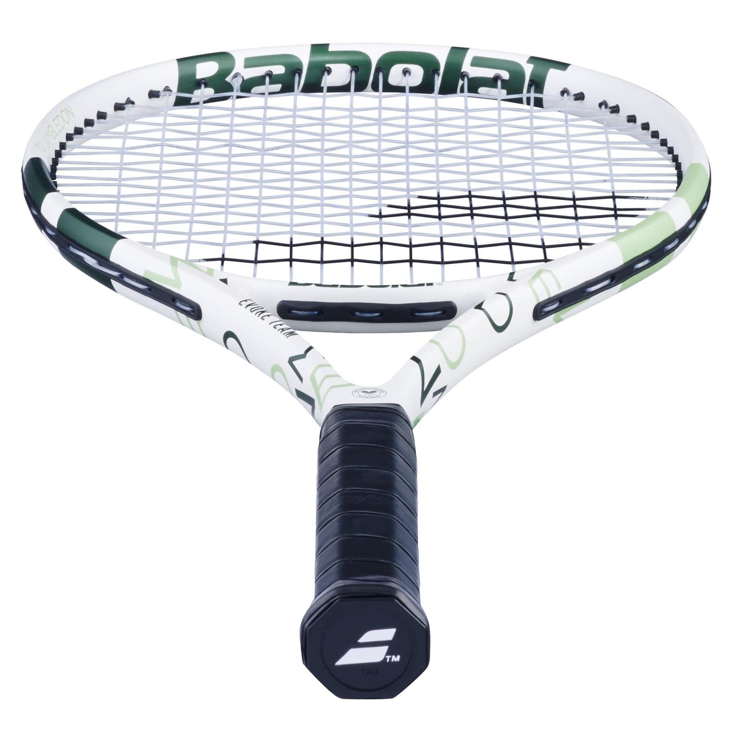 A close-up of the Babolat Evoke Team Wimbledon 2025 Tennis Racket shows its white and champagne green frame, black strings, and black grip handle featuring the Babolat logo at the end.