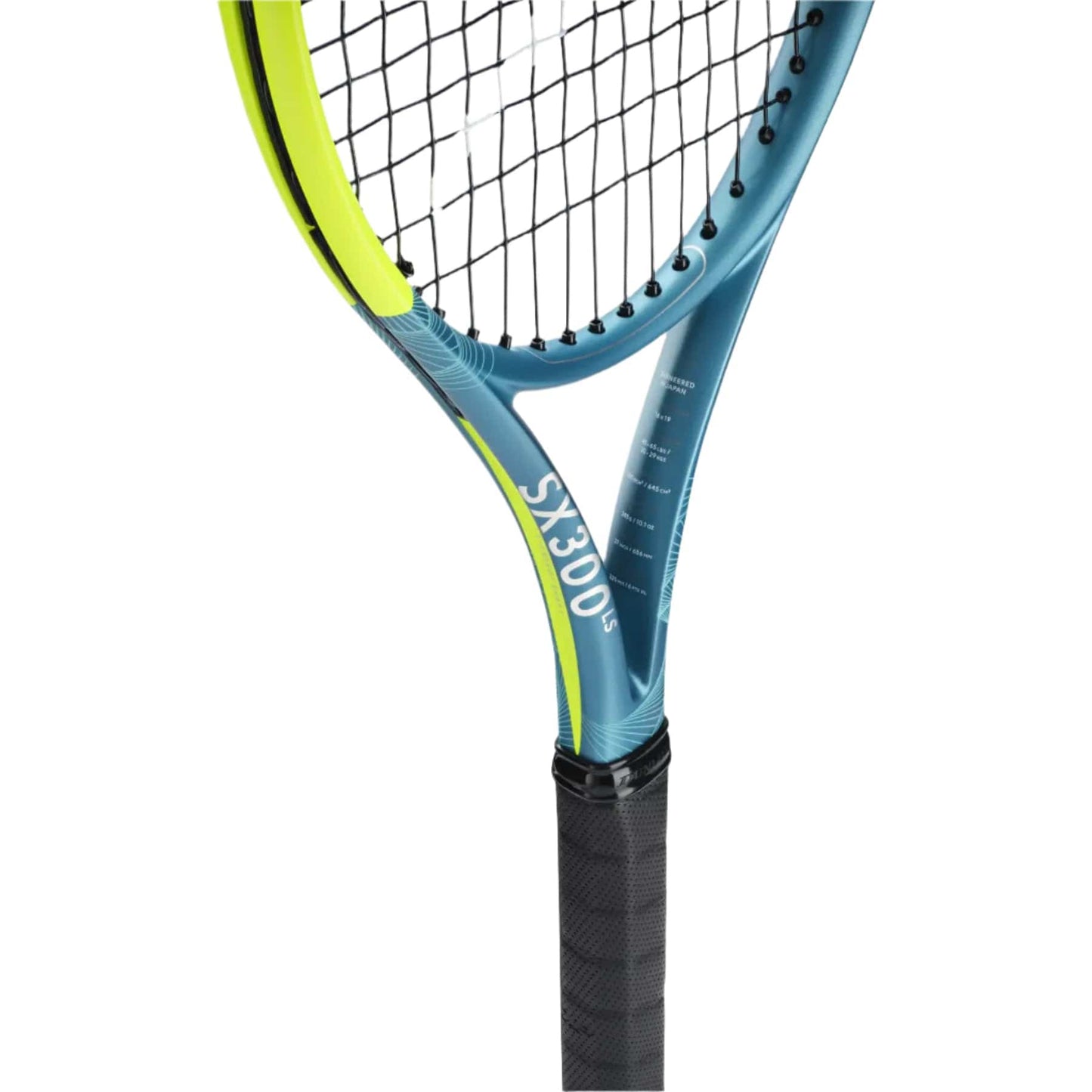 Close-up of the Dunlop SX 300 LS 2025 Tennis Racket showcase its yellow, teal, and black frame with Spin Boost XT Geometry, featuring black strings, a black grip, and prominently displays the model name "SX 300 LS" on the frame.
