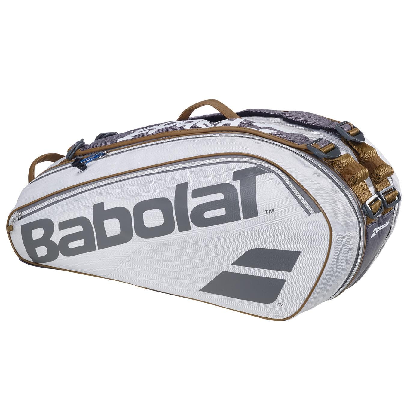 Introducing the Babolat RH6 Pure Wimbledon 6 Racket Tennis Bag - Grey, showcasing a sleek white and gray design with the iconic Babolat logo and name prominently displayed. This versatile bag features multiple compartments and durable straps, making it an ideal choice for your needs at Wimbledon or any tennis court.