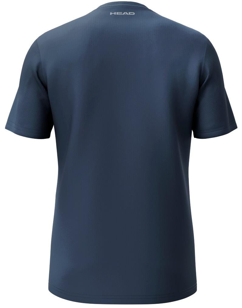 The image displays the back of a plain, navy HEAD Club Tech 25 Men's Tennis T-Shirt, featuring short sleeves. "HEAD" is printed in white near the neckline and includes Moisture Transfer Microfiber technology for added comfort.