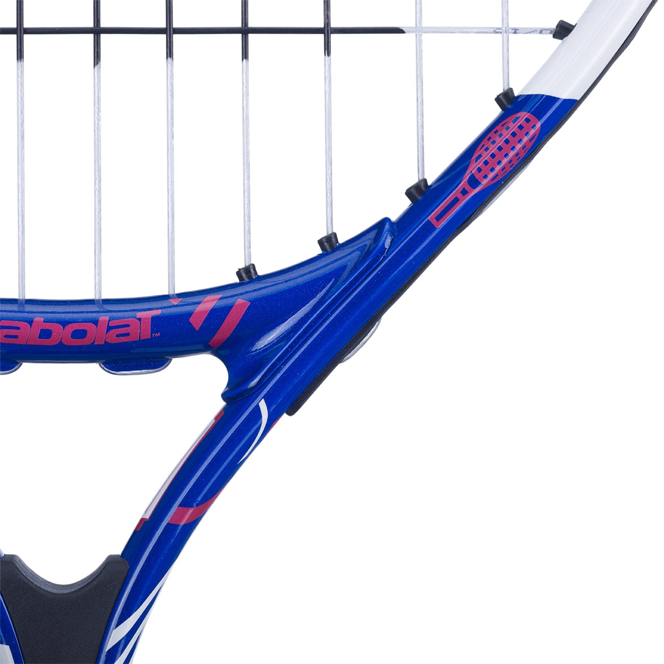 Close-up of a purple and pink Babolat B-Fly 21 Junior tennis racket with a black grip. The strings are tightly woven, and it features a circular red emblem on the side. The brand name is partially visible on the edge of the frame.