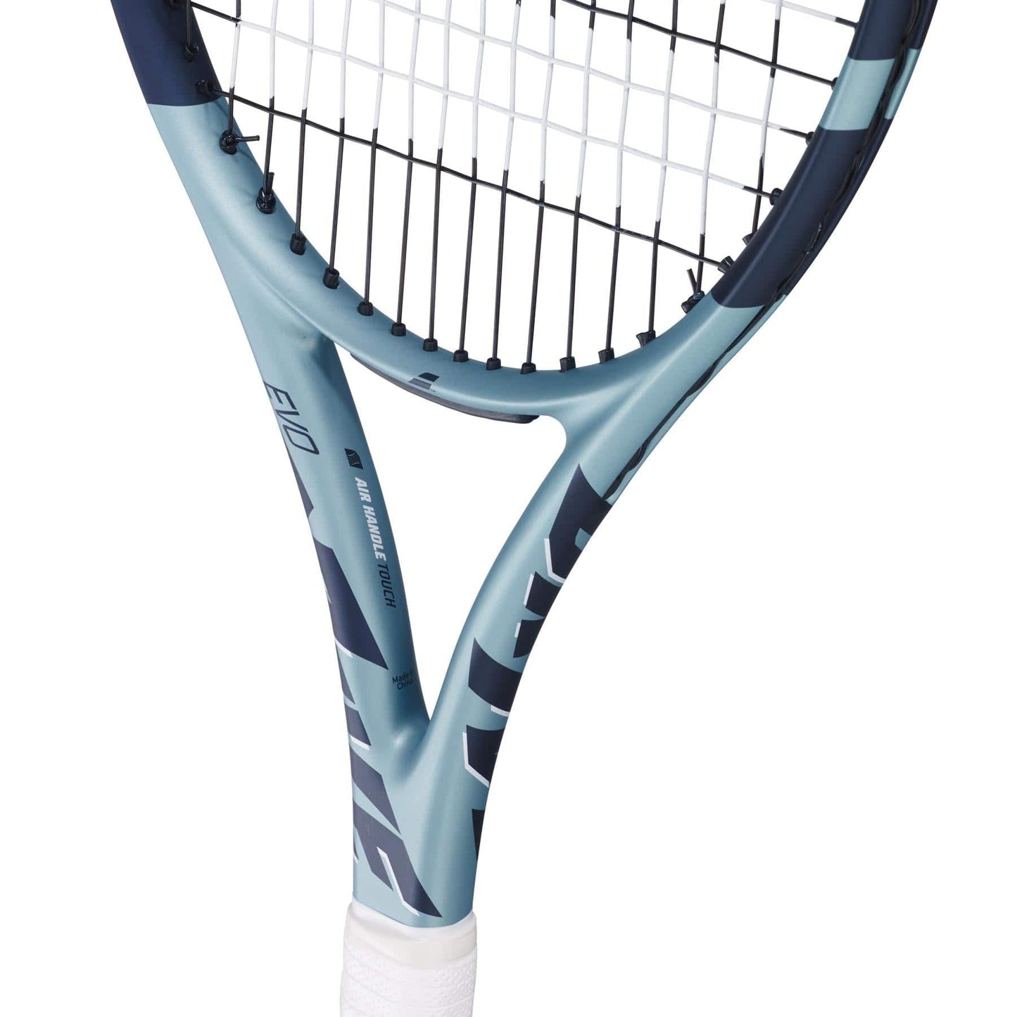 Close-up of the Babolat EVO Drive Gen 2 Tennis Racket in blue, showcasing "EVO" branding. The racket has a black and white design with black strings and an aerodynamic frame that highlights its Air Handle Touch technology.
