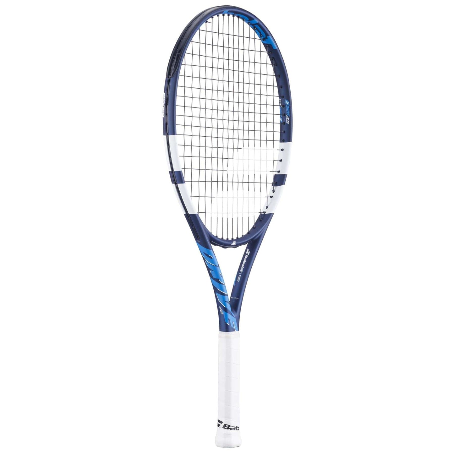 The Babolat Drive Junior 25 Tennis Racket, in blue and white, is crafted for intermediate players. It features a black grip, dynamic curves, and a modern crisscross string pattern that accentuates its sleek design.