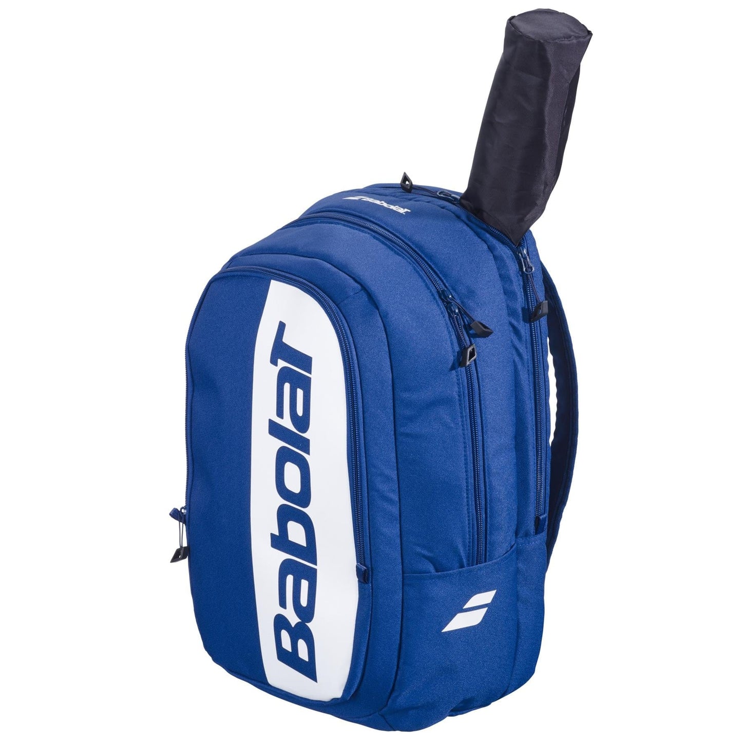 The Babolat Court Hero Tennis Backpack - Dark Blue by Babolat is made from recycled PET, features multiple zippered compartments, a white logo, and a top opening for your tennis racket handle.