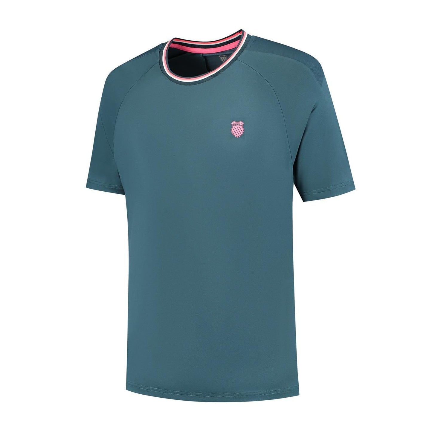The K-Swiss Hypercourt Mesh Crew 4 Men's Tennis T-Shirt in Stargazer features short sleeves, a round neckline, and a pink embroidered chest logo with pink and white collar stripes. Its smooth, lightweight fabric makes it an ideal tennis top.