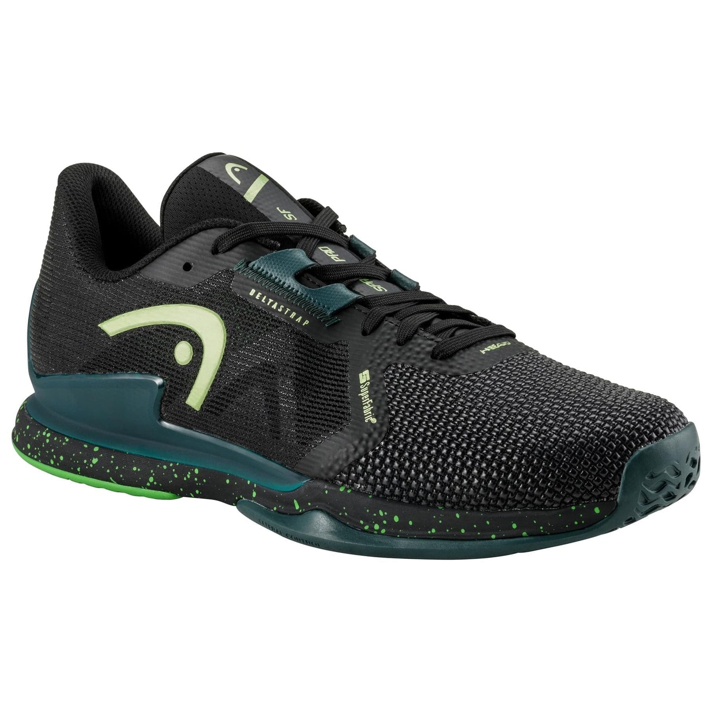 Introducing the HEAD Sprint Pro SF Men's Tennis Shoes, in a sleek black color with forest green accents and a textured, speckled sole. These shoes feature a knitted upper, complete with the HEAD logo on the side, and are designed for durability. They come equipped with a cushioned OrthoLite insole for enhanced comfort, making them perfect for both sports and casual outings.
