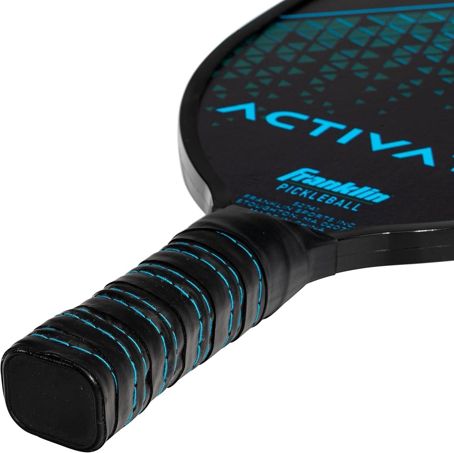 Close-up of the handle and part of the face of a black Franklin Activator pickleball paddle with blue accents and textured grip. The word "Activator" is partially visible on this USA Pickleball Approved paddle from Franklin.